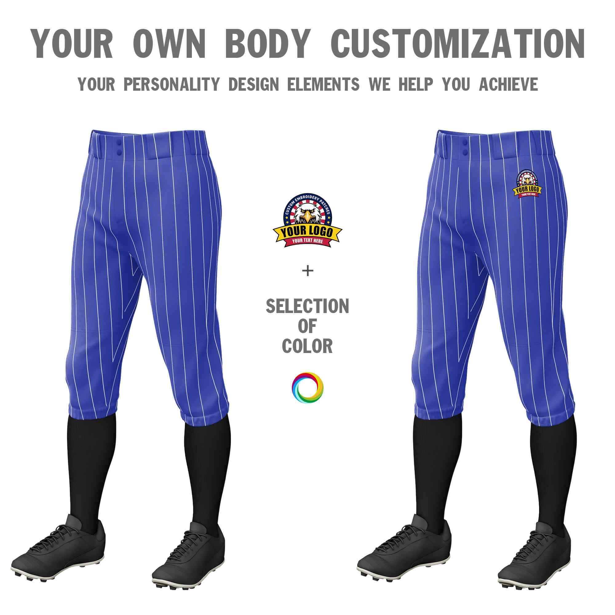 Custom Royal White Pinstripe Fit Stretch Practice Knickers Baseball Pants