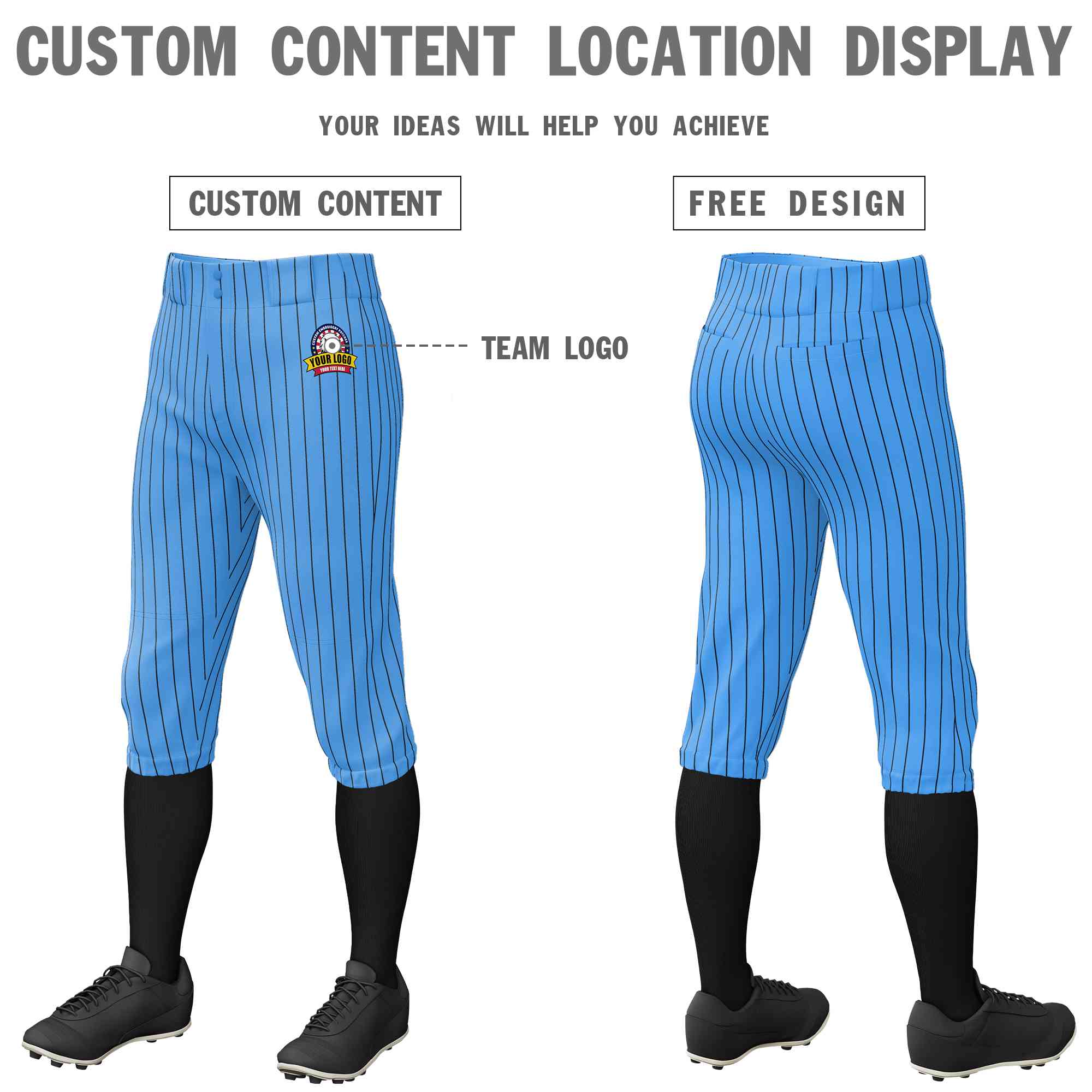 Custom Powder Blue Black Pinstripe Fit Stretch Practice Knickers Baseball Pants