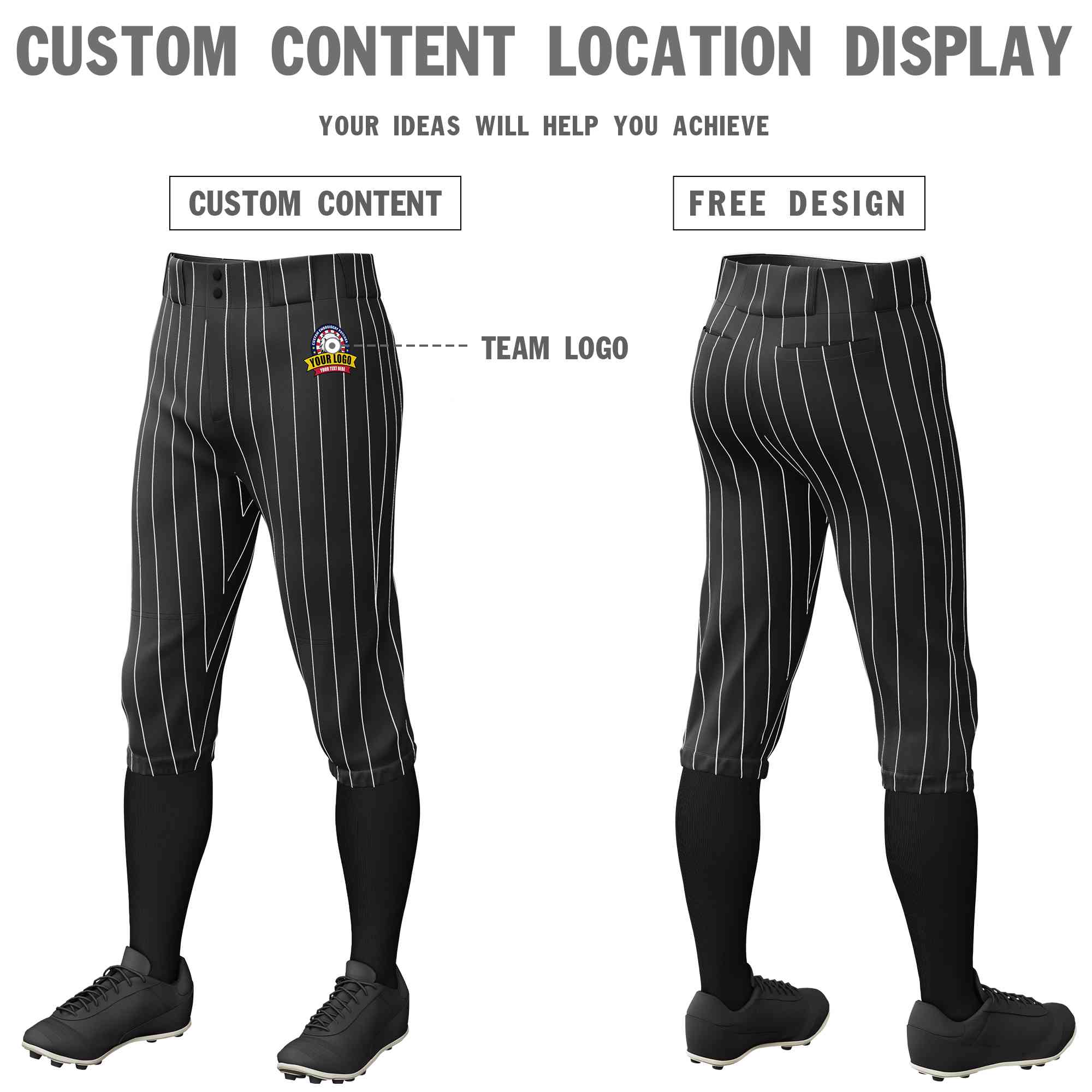 Custom Black White Pinstripe Fit Stretch Practice Knickers Baseball Pants