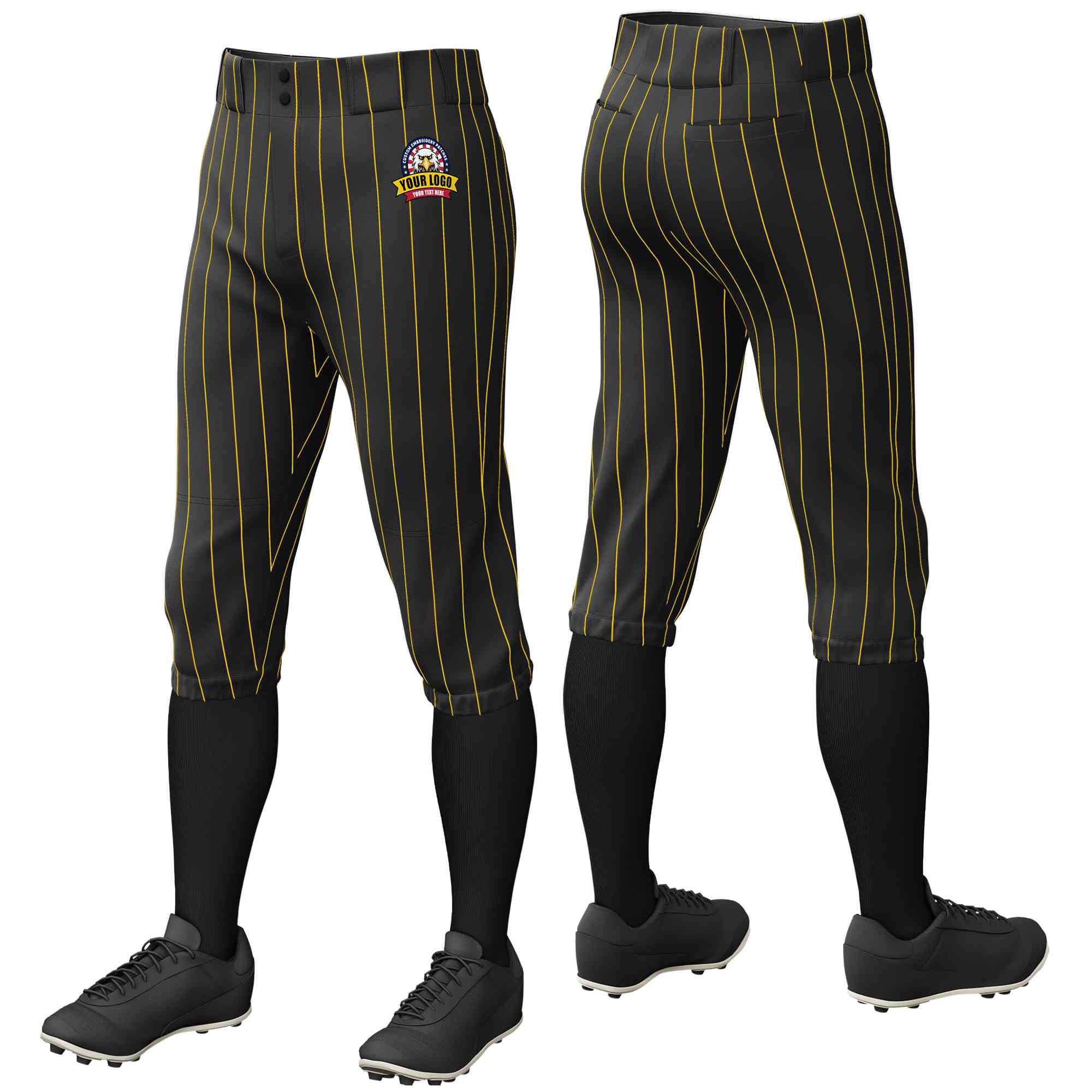 Custom Black Gold Pinstripe Fit Stretch Practice Knickers Baseball Pants