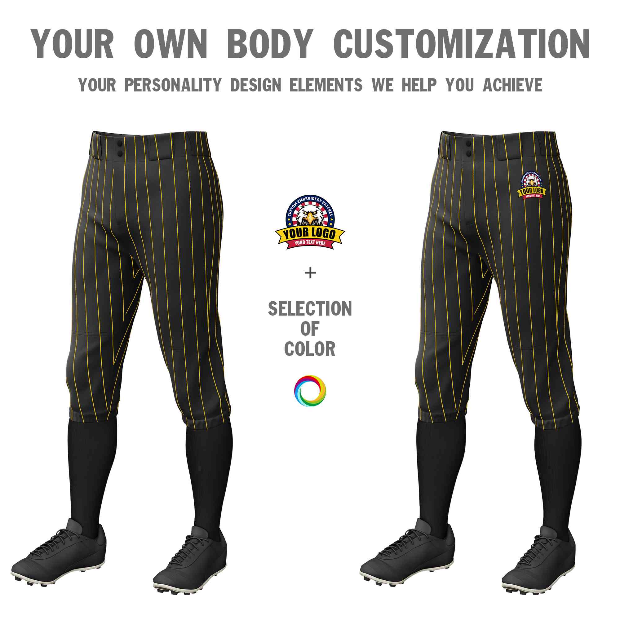 Custom Black Gold Pinstripe Fit Stretch Practice Knickers Baseball Pants