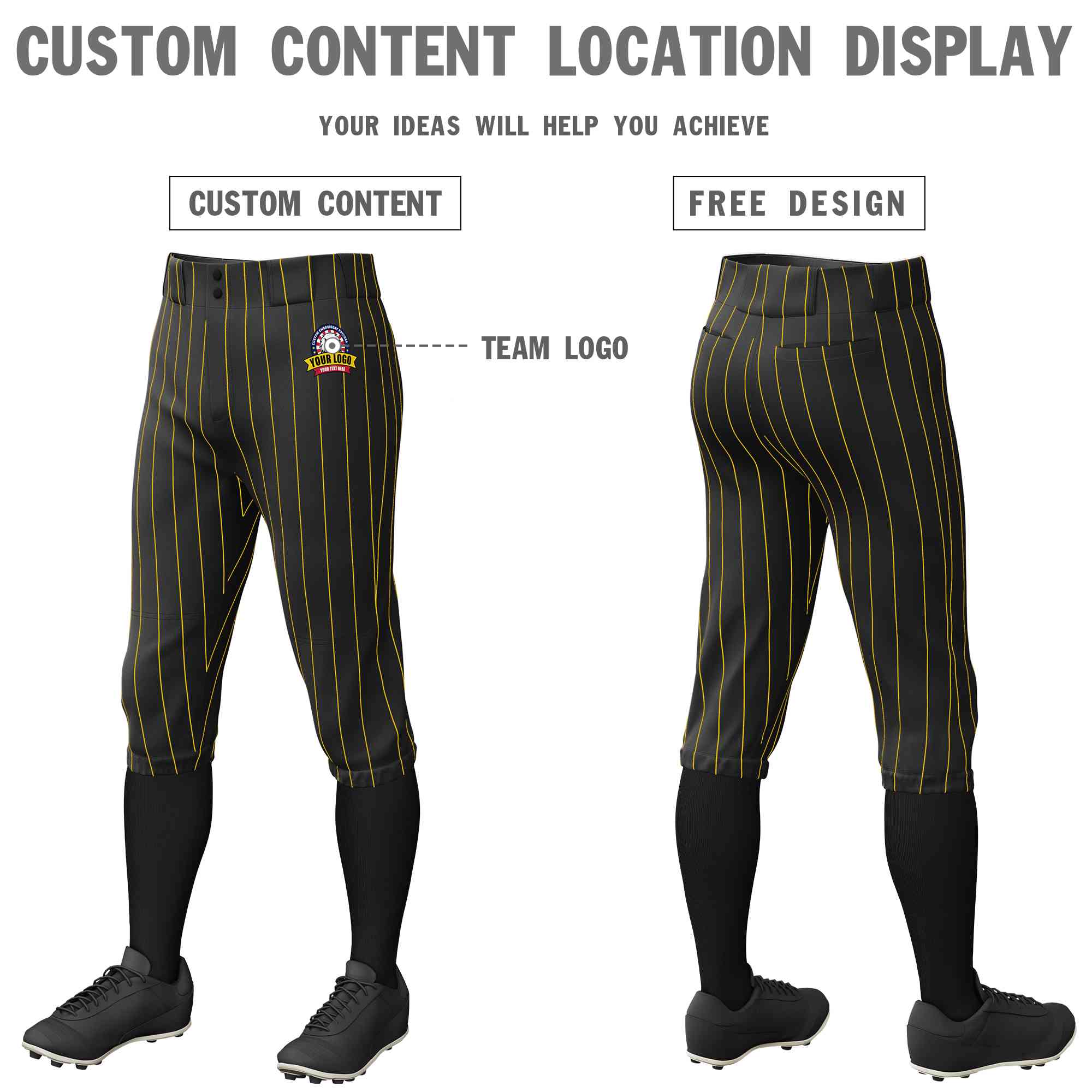 Pantalon de baseball personnalisé à fines rayures noires et dorées, culotte d'entraînement extensible