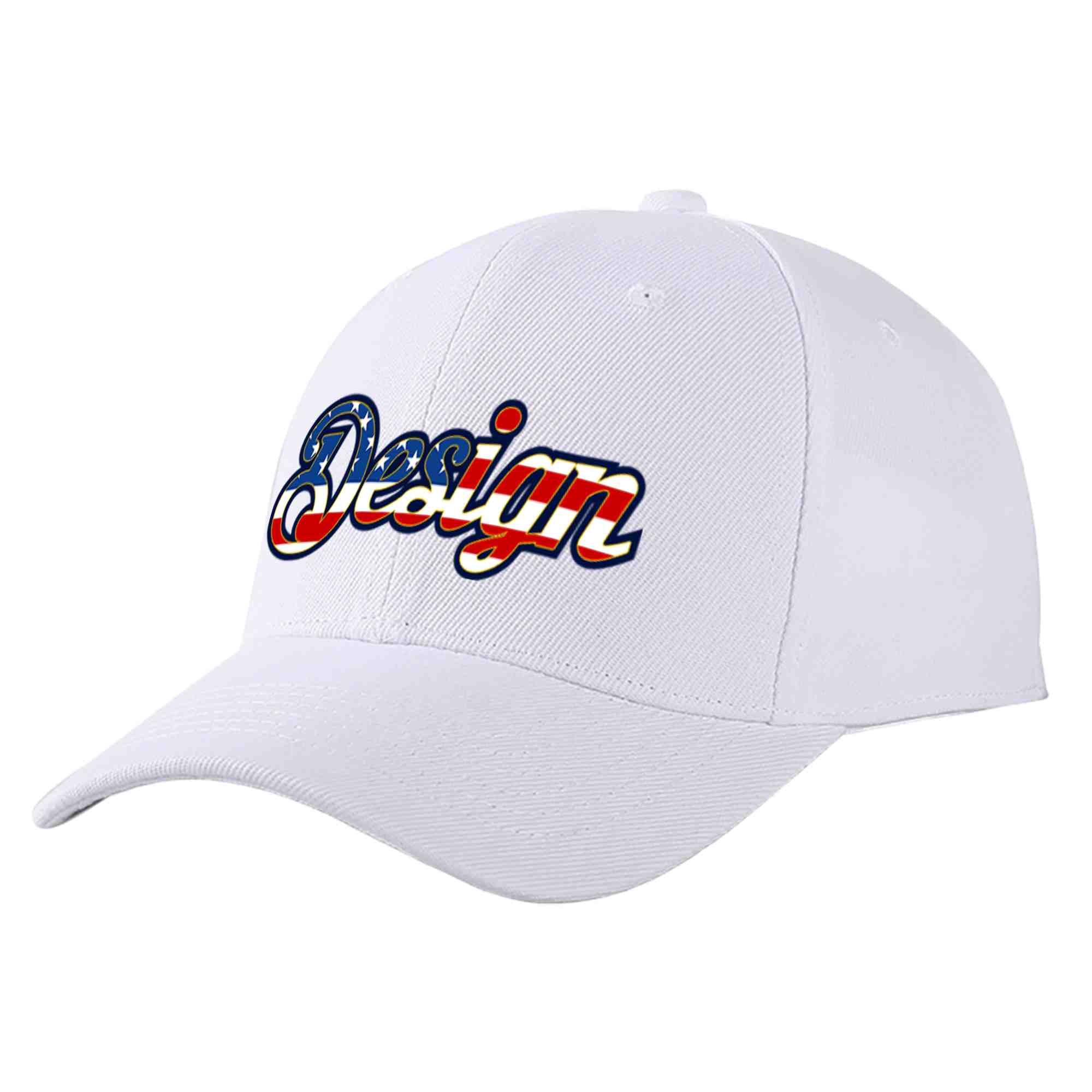 Casquette de baseball personnalisée avec drapeau américain vintage, design sportif, avec avant-toit incurvé doré, blanc