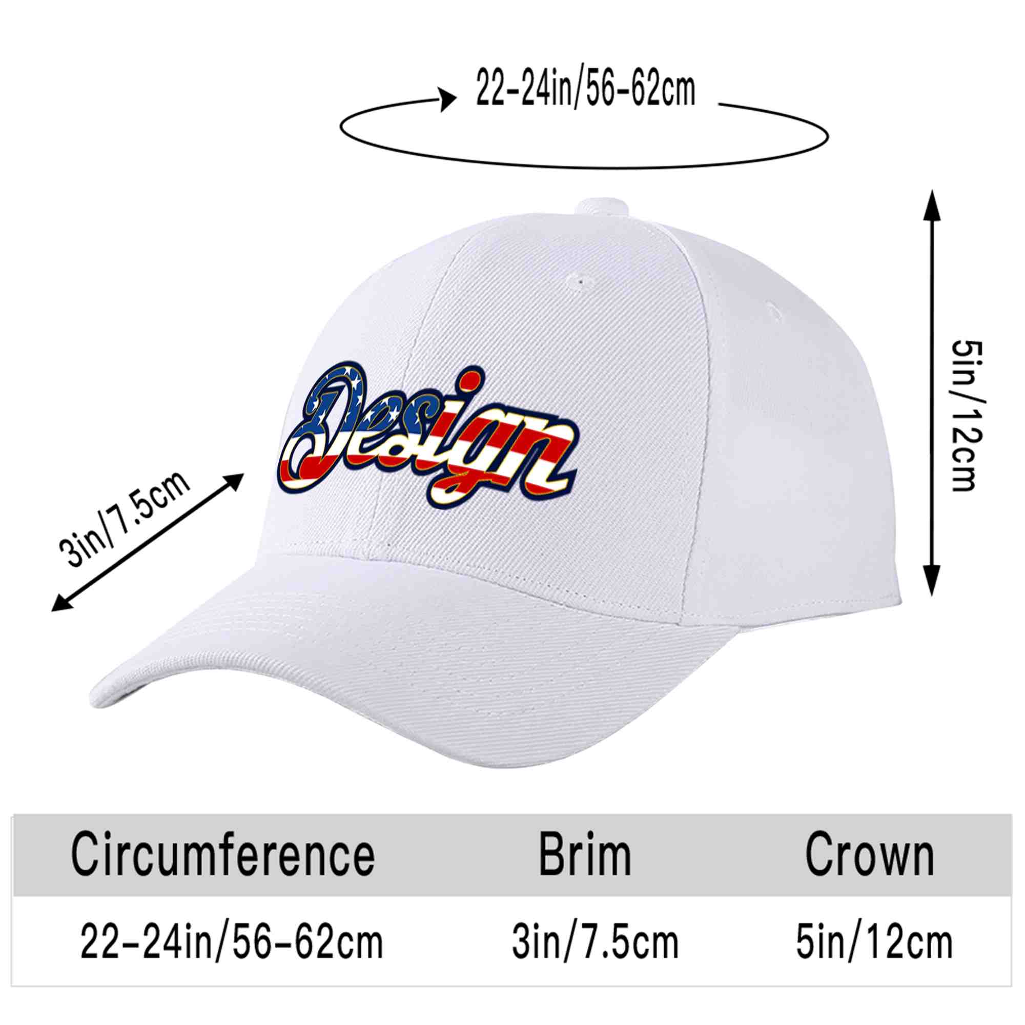 Casquette de baseball personnalisée avec drapeau américain vintage, design sportif, avec avant-toit incurvé doré, blanc