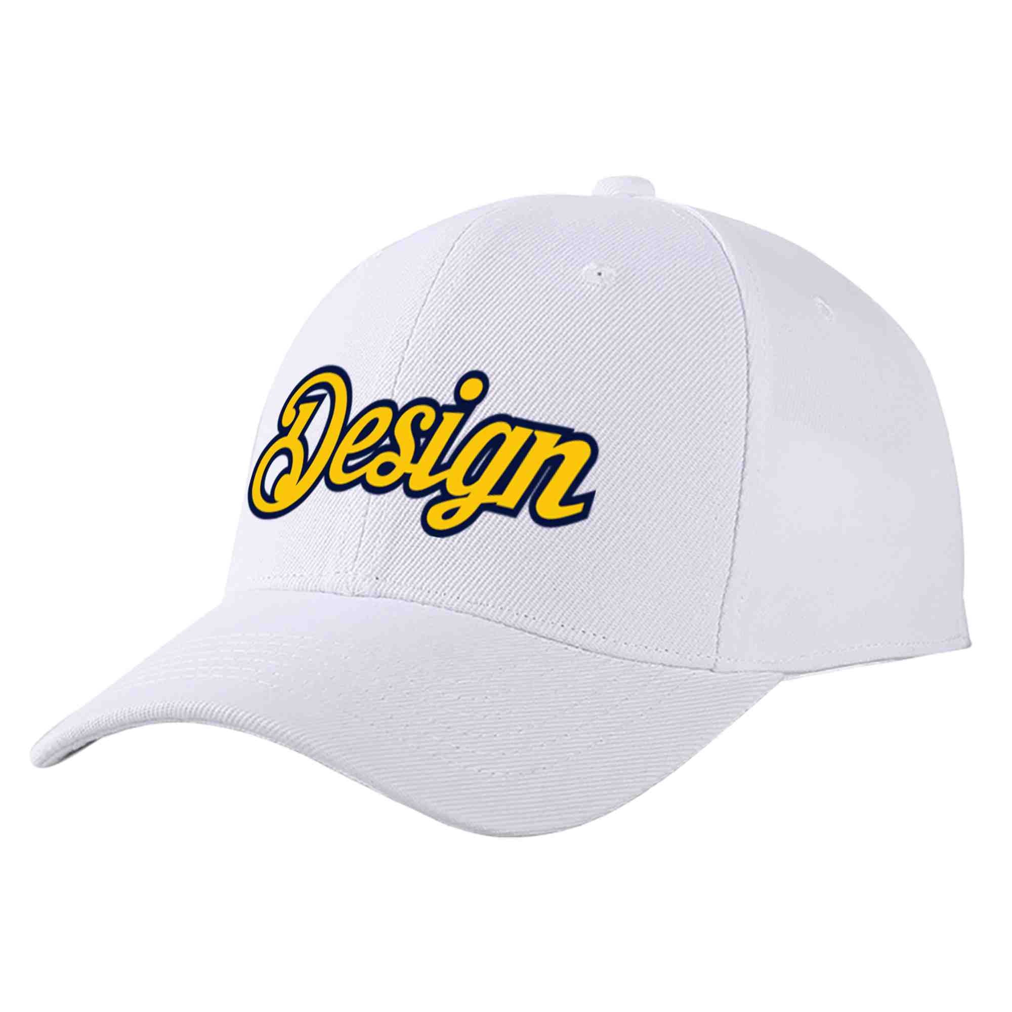 Custom White Yellow-Navy Curved Eaves Sport Design Baseball Cap