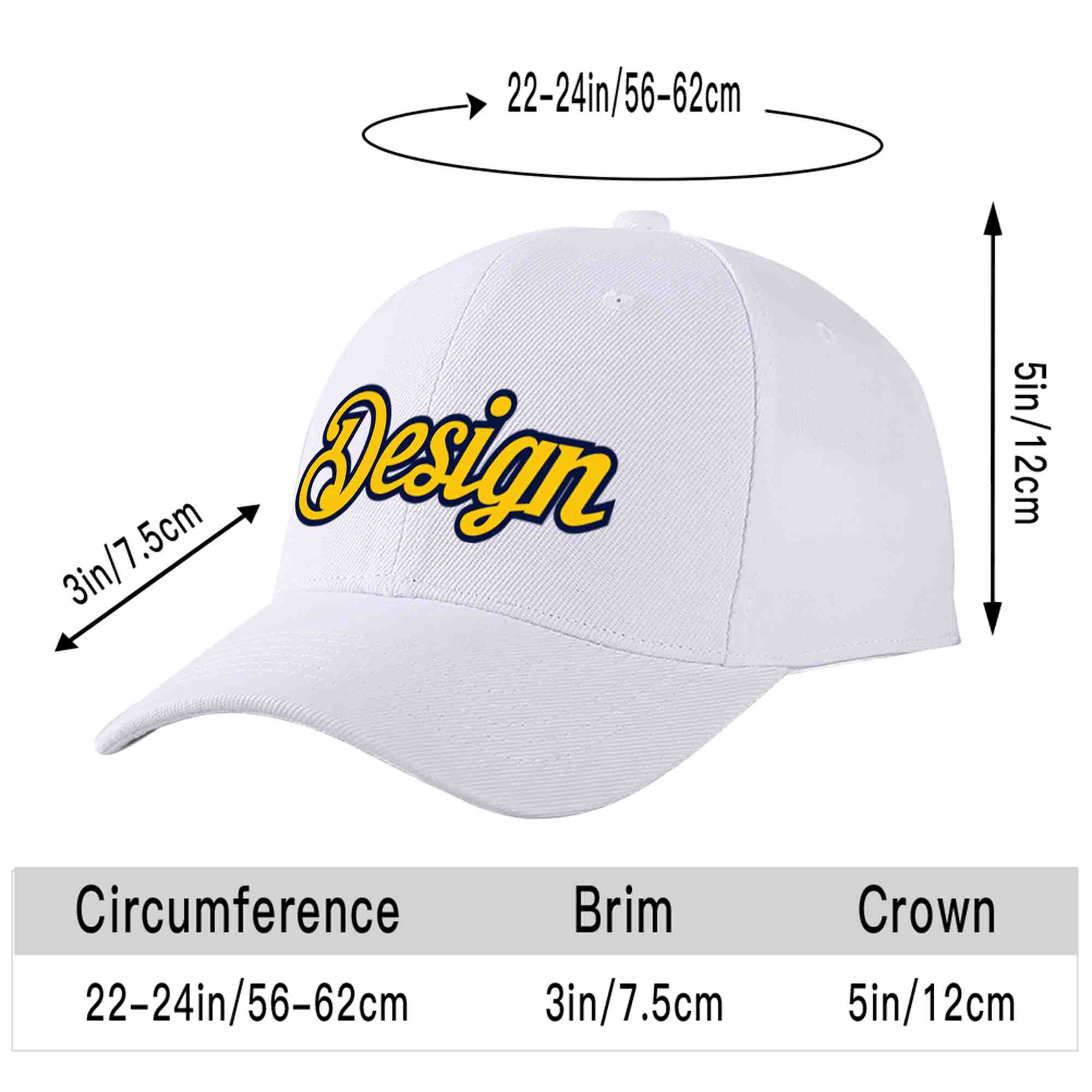 Custom White Yellow-Navy Curved Eaves Sport Design Baseball Cap