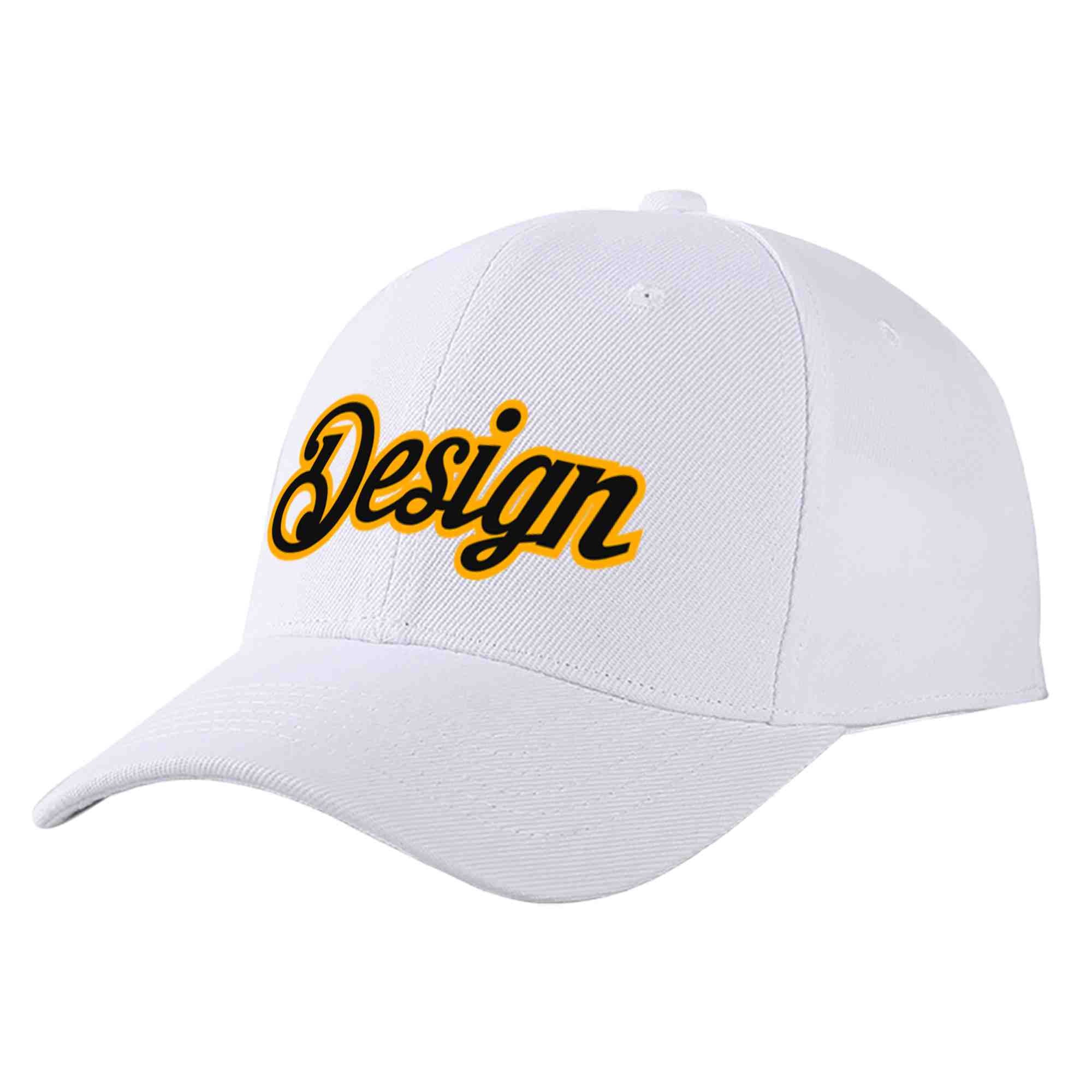 Custom White Black-Yellow Curved Eaves Sport Design Baseball Cap