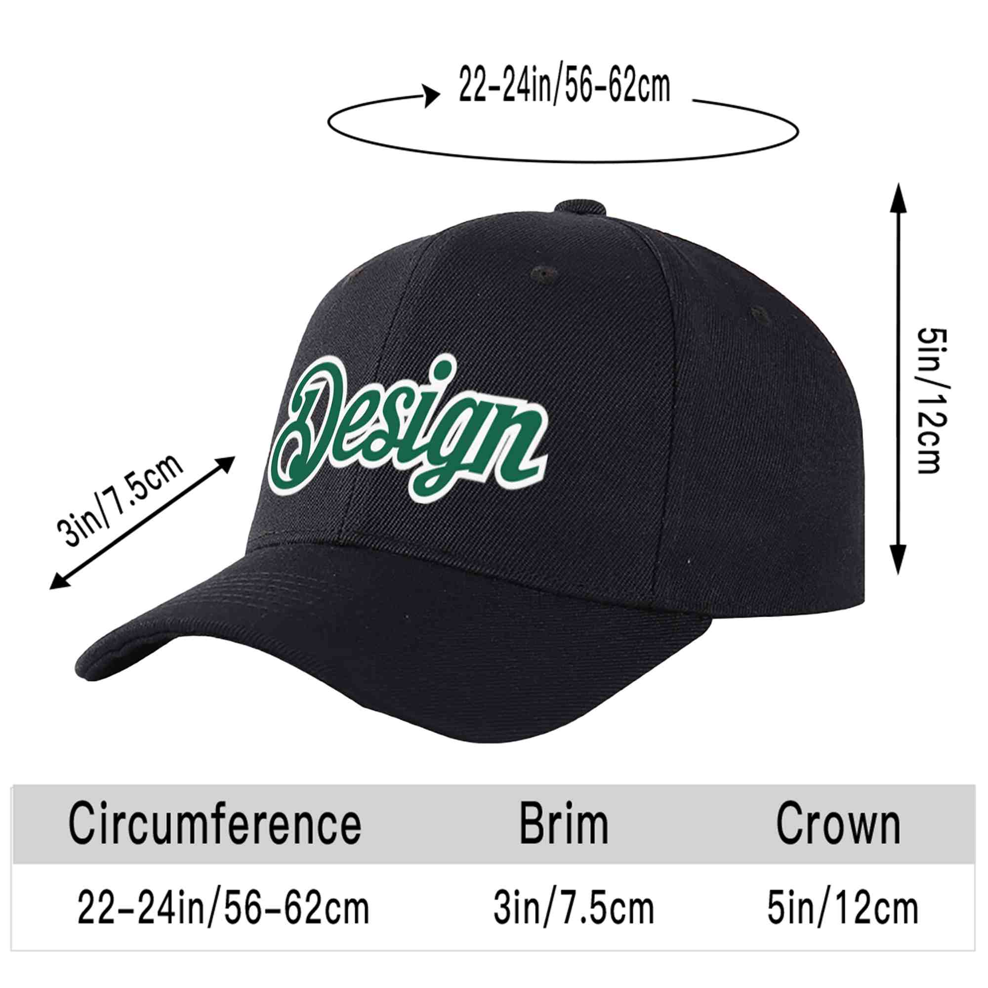 Custom Black Kelly Green-White Curved Eaves Sport Design Baseball Cap