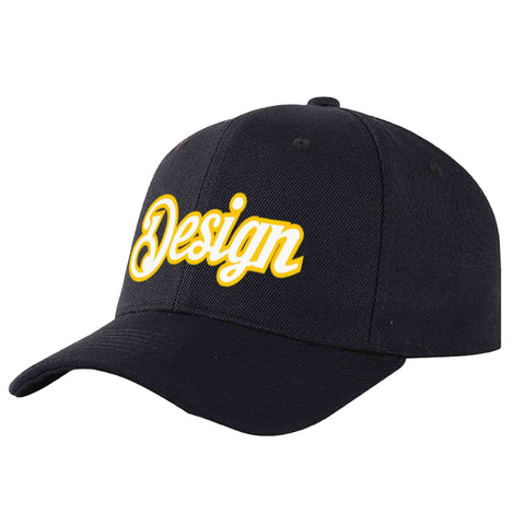 Custom Black White-Gold Curved Eaves Sport Design Baseball Cap