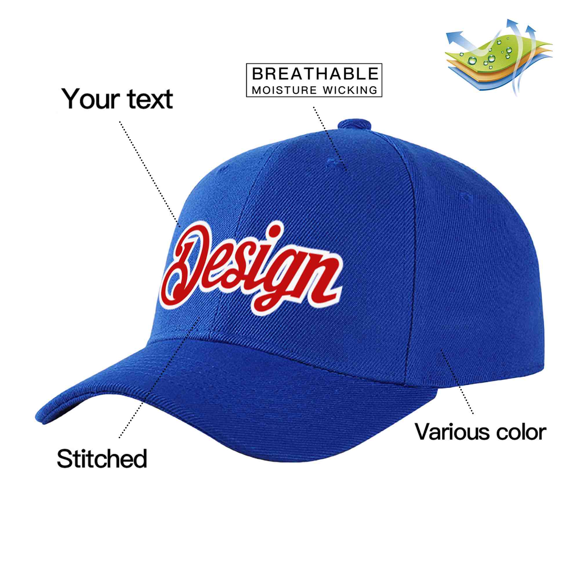 Casquette de baseball personnalisée Royal Red-White Curved Eaves Sport Design