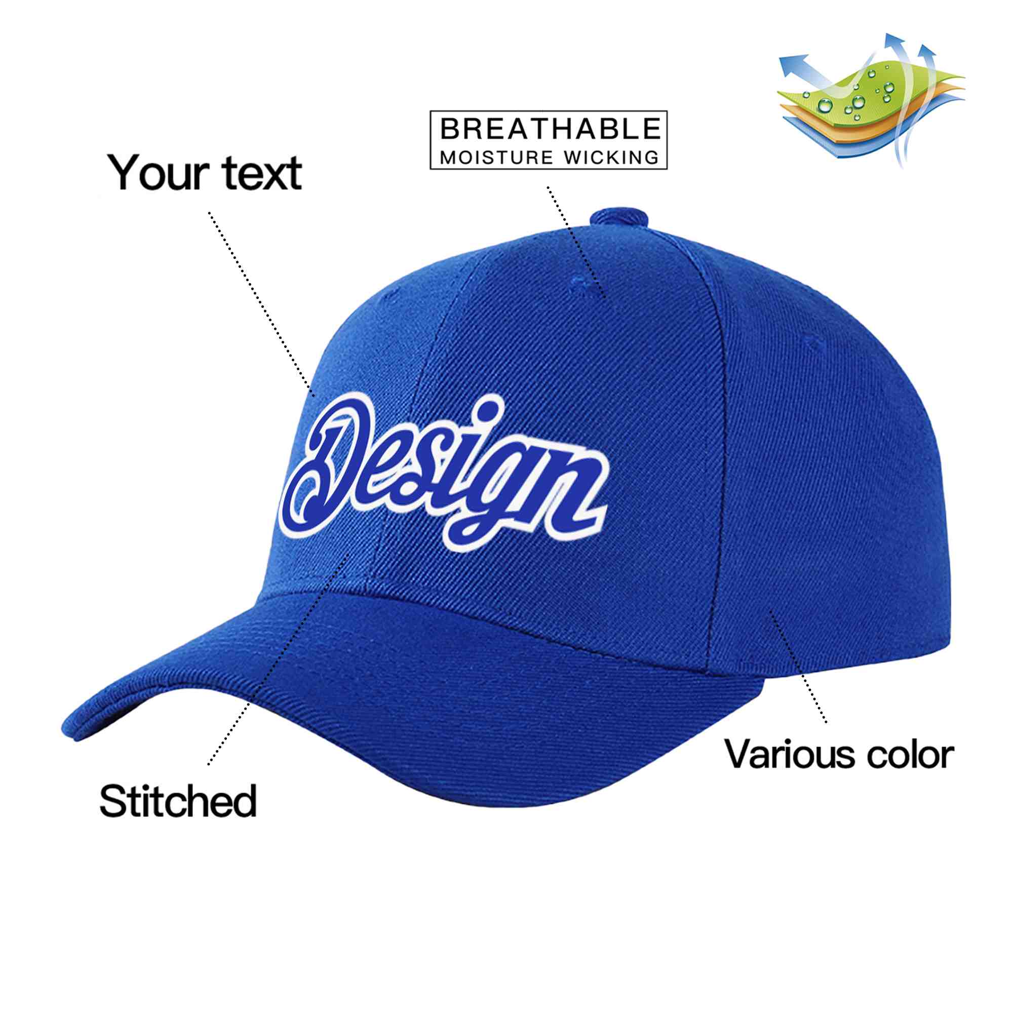 Custom Royal Royal-White Curved Eaves Sport Design Baseball Cap