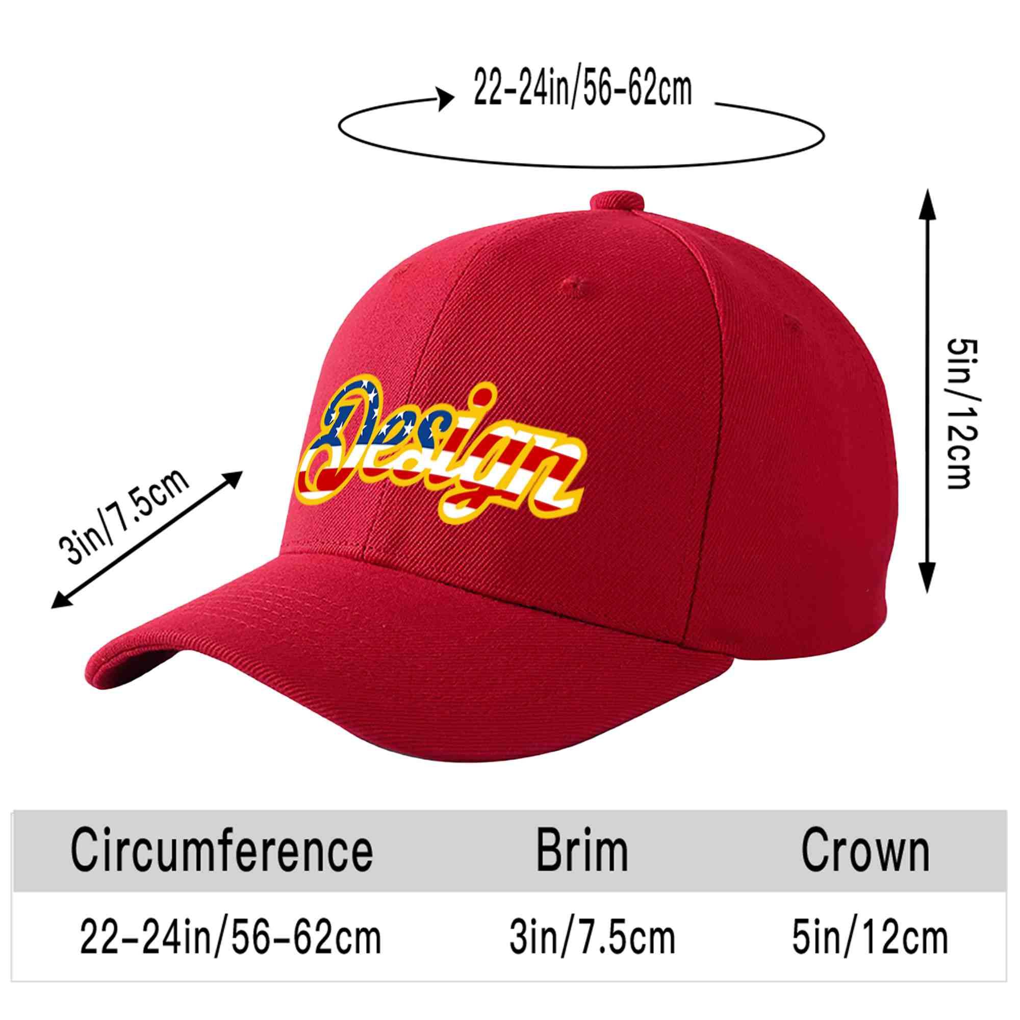 Casquette de baseball personnalisée avec drapeau américain vintage rouge et or avec avant-toit incurvé et design sportif