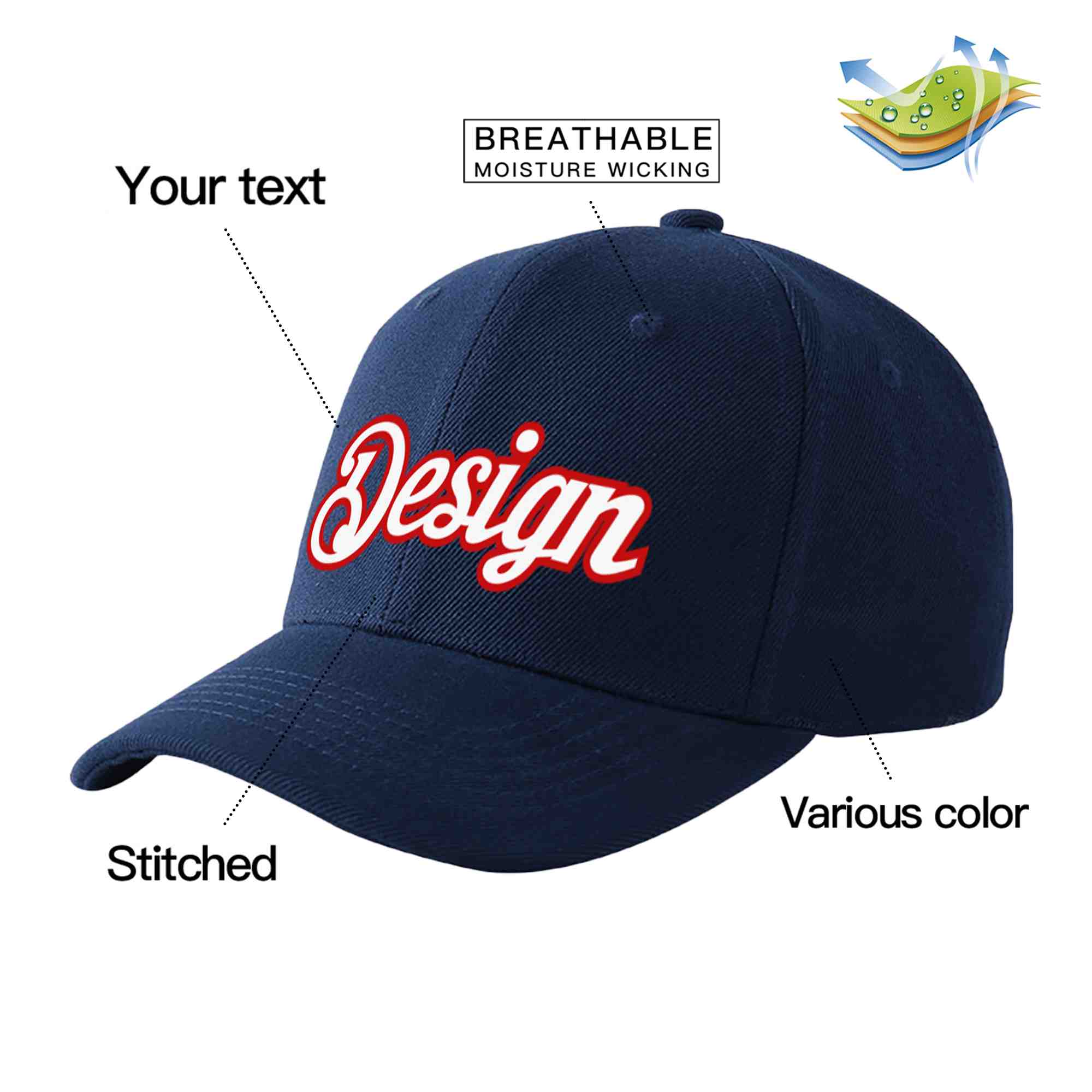 Custom Navy White-Red Curved Eaves Sport Design Baseball Cap