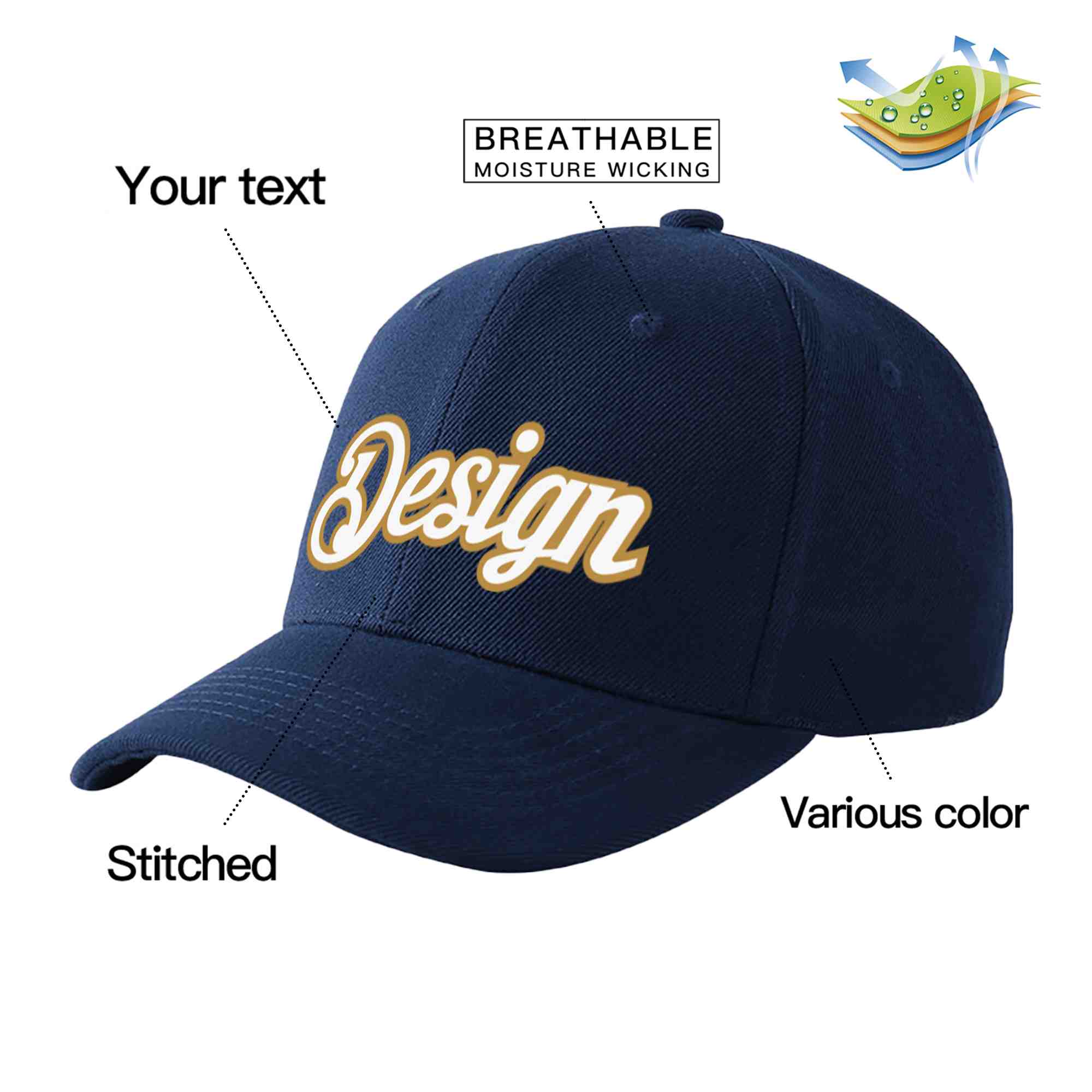 Custom Navy White-Old Gold Curved Eaves Sport Design Baseball Cap