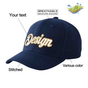 Casquette de baseball personnalisée bleu marine-vieil or incurvée avec avant-toit et design sportif