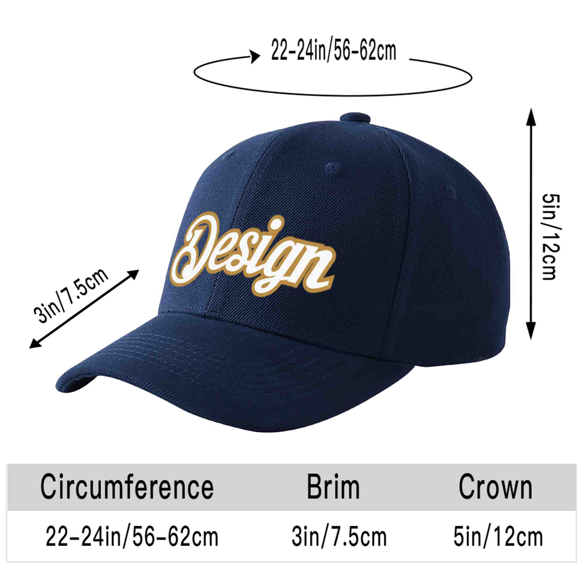 Casquette de baseball personnalisée bleu marine-vieil or incurvée avec avant-toit et design sportif