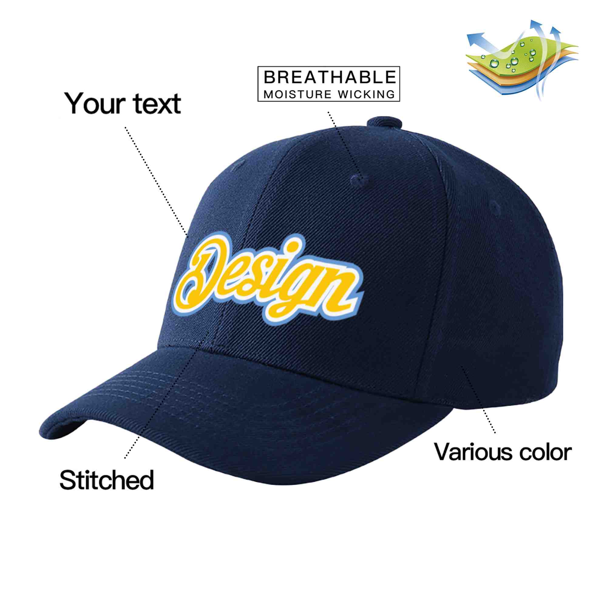 Custom Navy Gold-White Curved Eaves Sport Design Baseball Cap