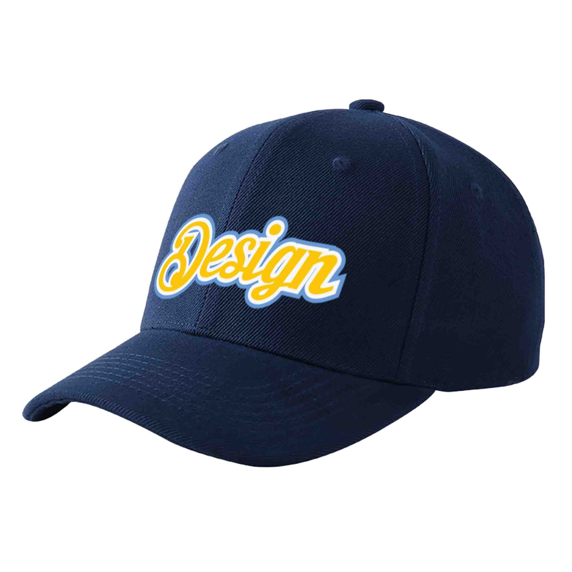 Custom Navy Gold-White Curved Eaves Sport Design Baseball Cap