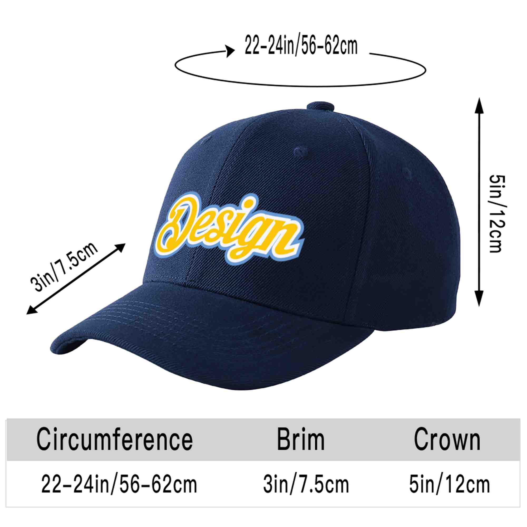 Custom Navy Gold-White Curved Eaves Sport Design Baseball Cap