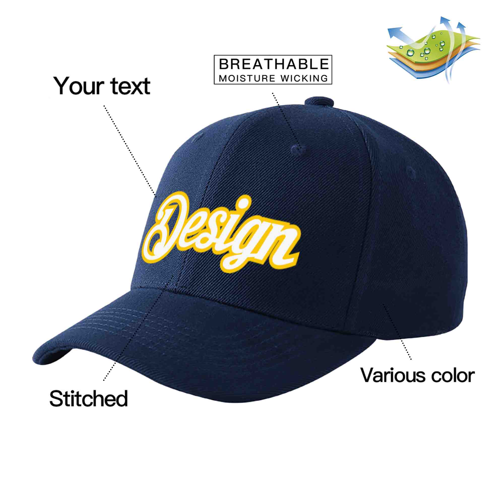 Custom Navy White-Gold Curved Eaves Sport Design Baseball Cap