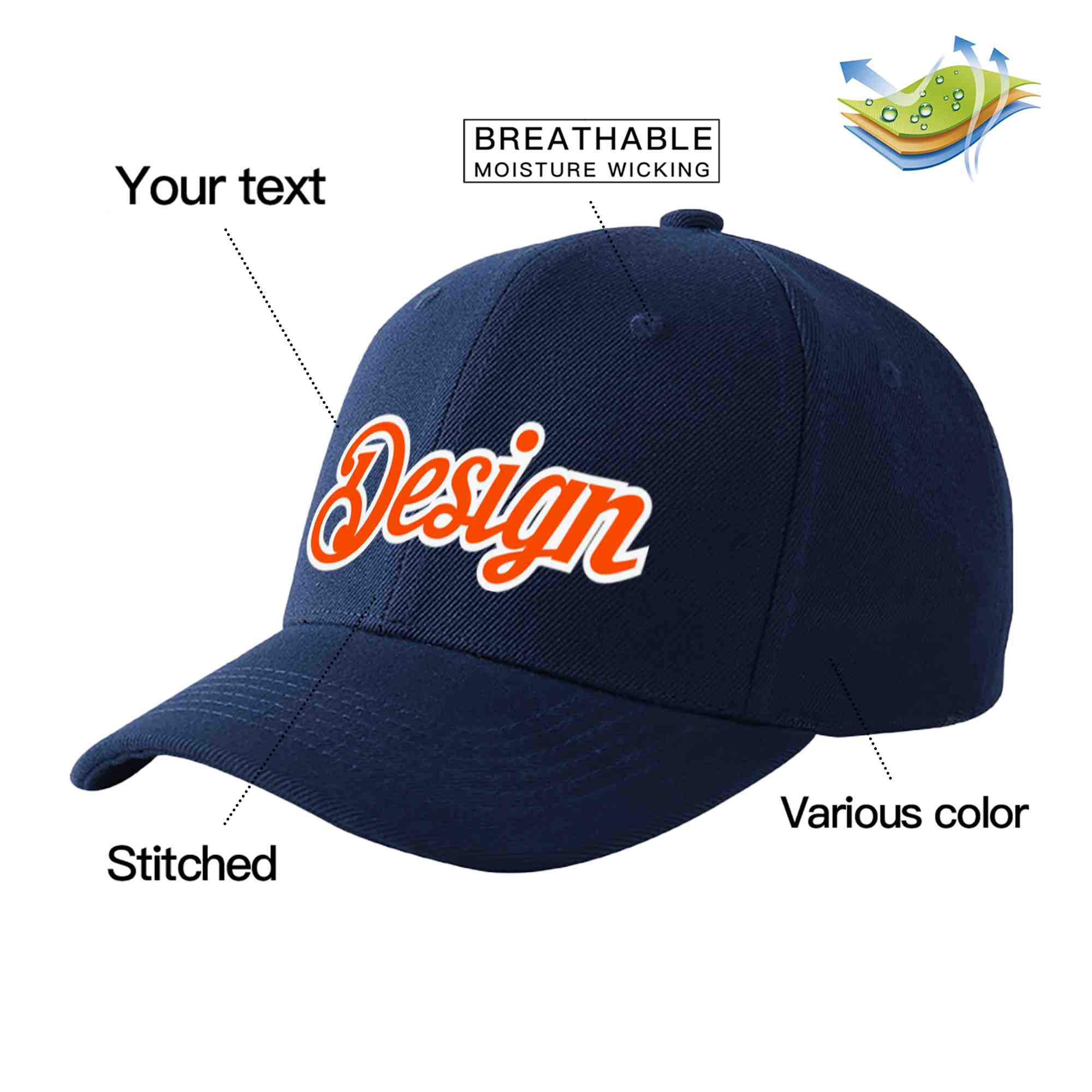 Custom Navy Orange-White Curved Eaves Sport Design Baseball Cap