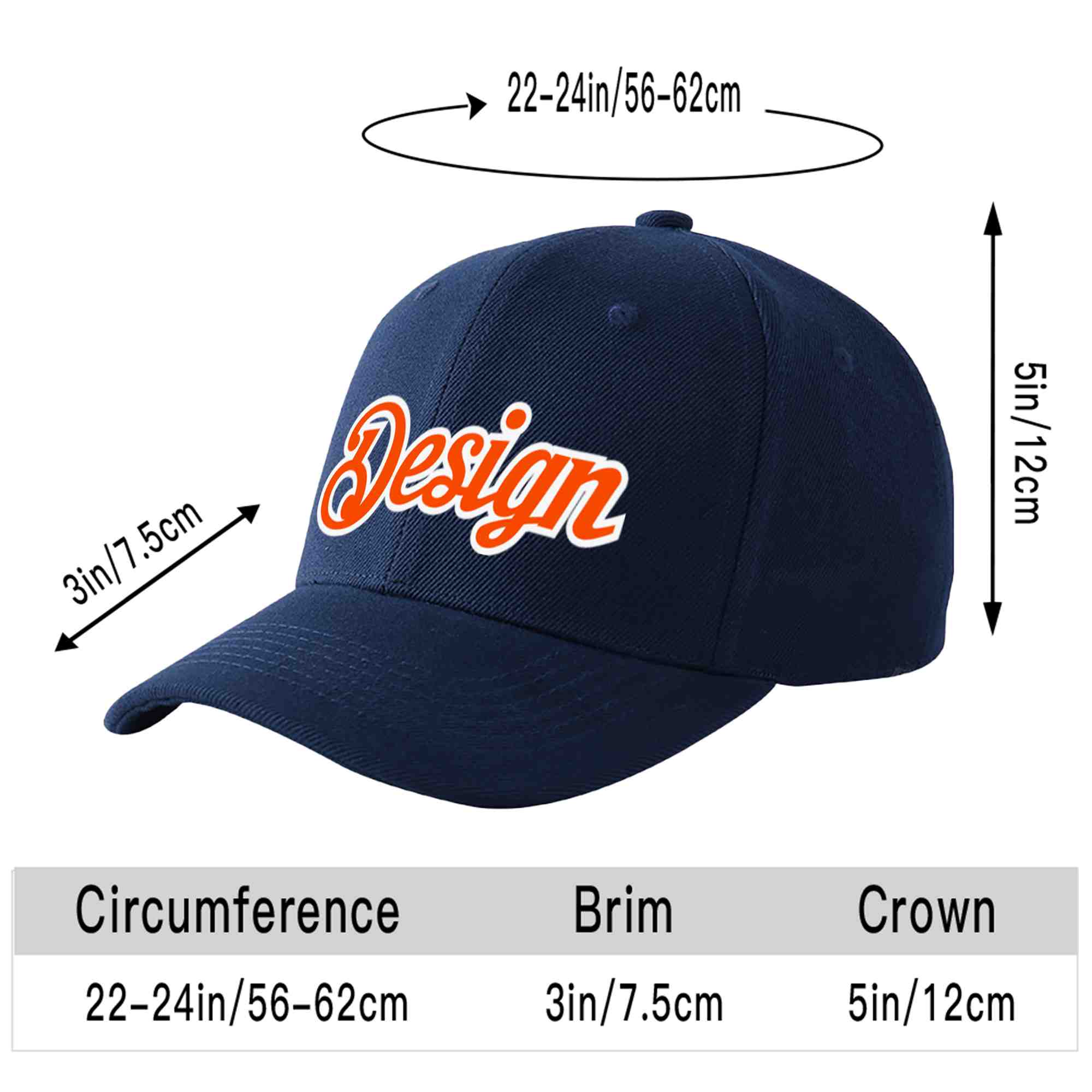 Custom Navy Orange-White Curved Eaves Sport Design Baseball Cap