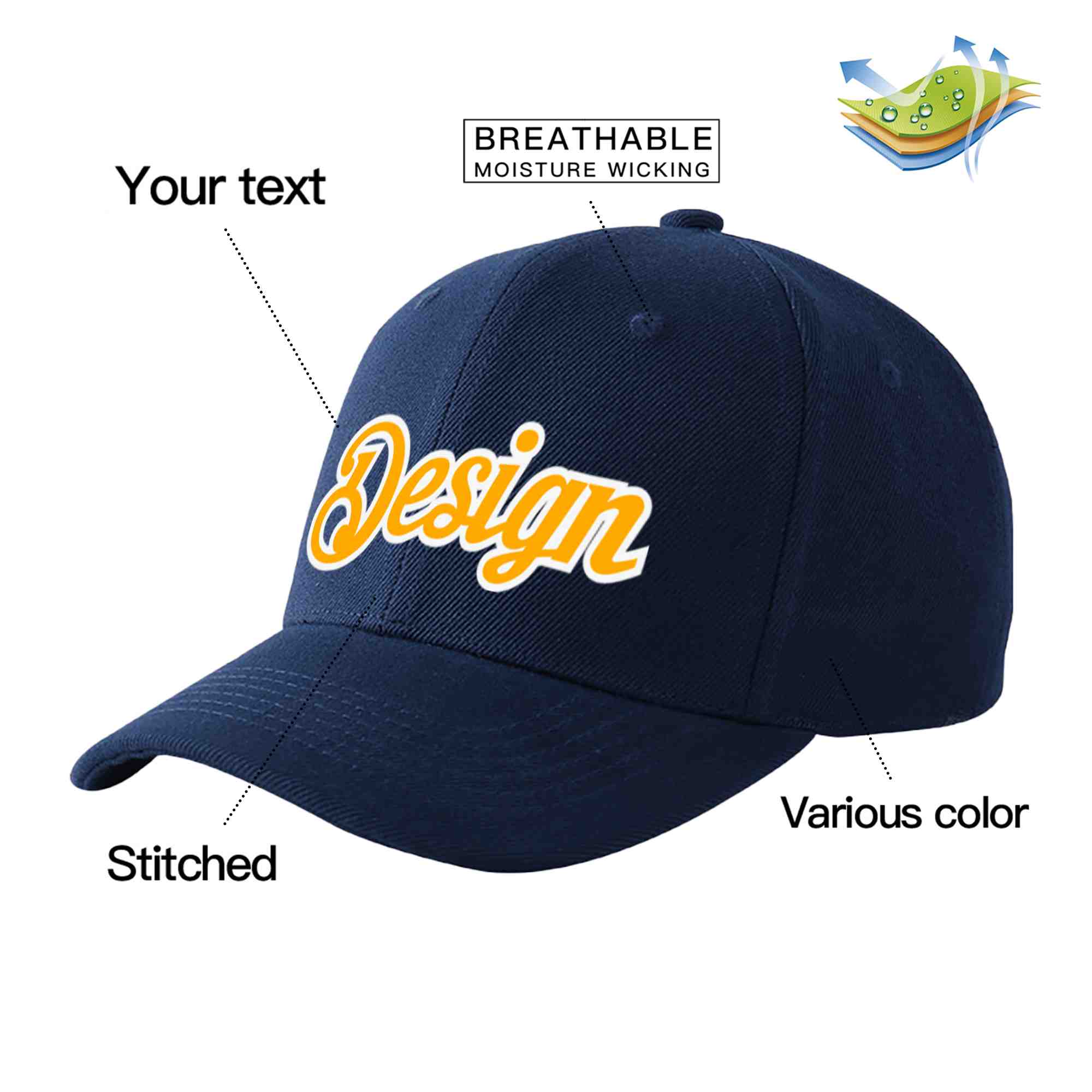 Custom Navy Yellow-White Curved Eaves Sport Design Baseball Cap