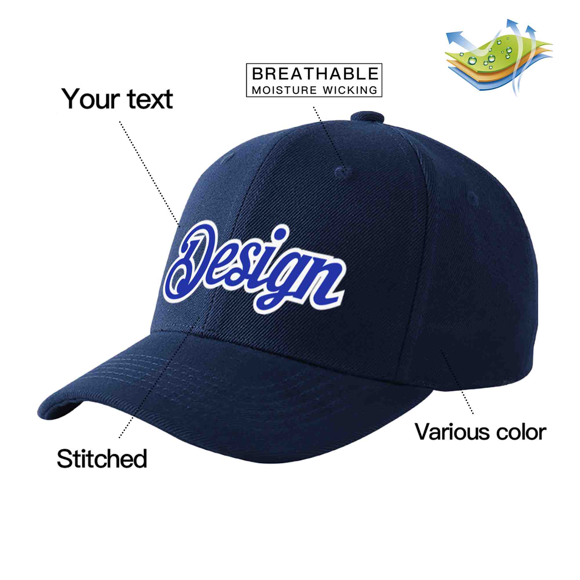 Custom Navy Royal-White Curved Eaves Sport Design Baseball Cap