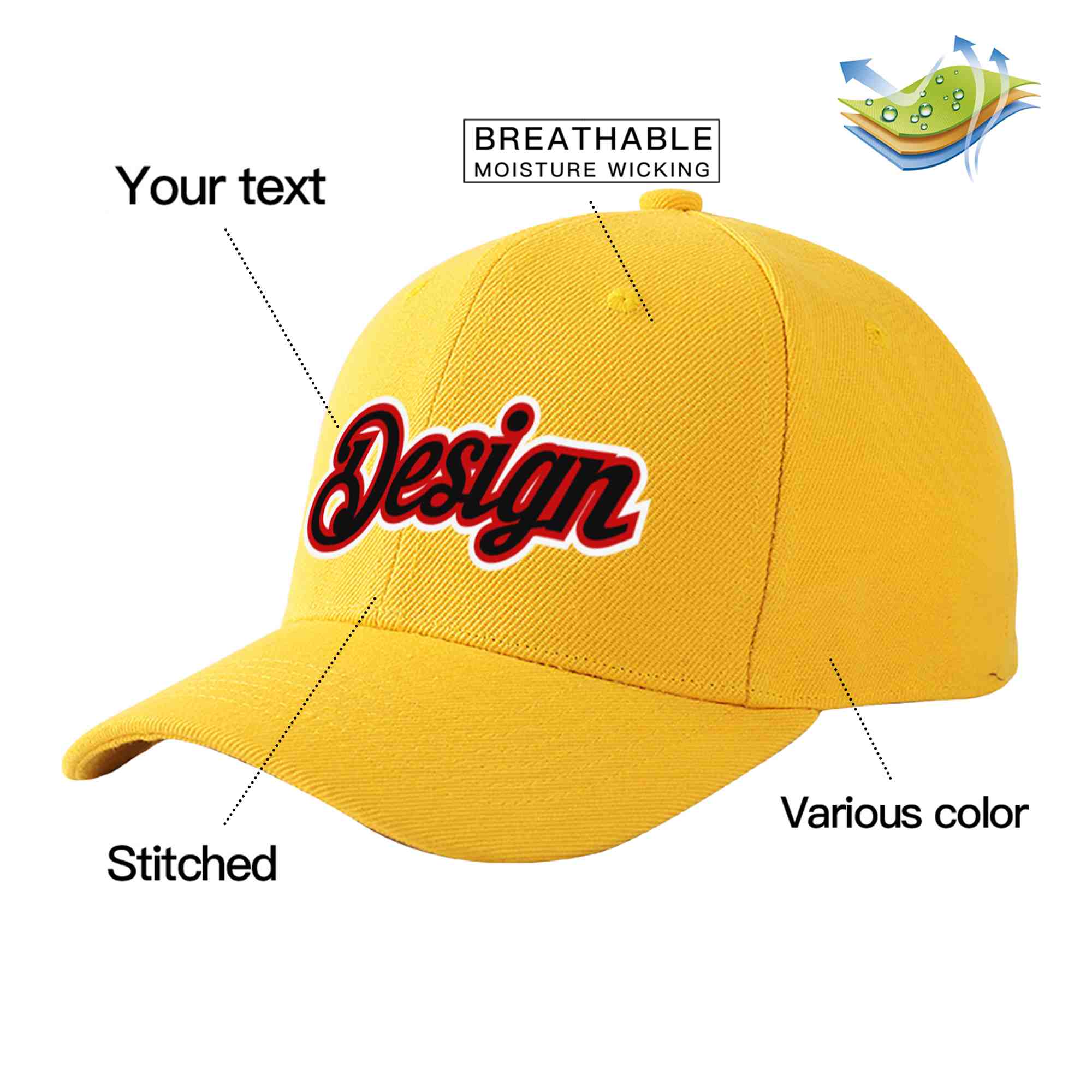 Custom Gold Black-Red Curved Eaves Sport Design Baseball Cap