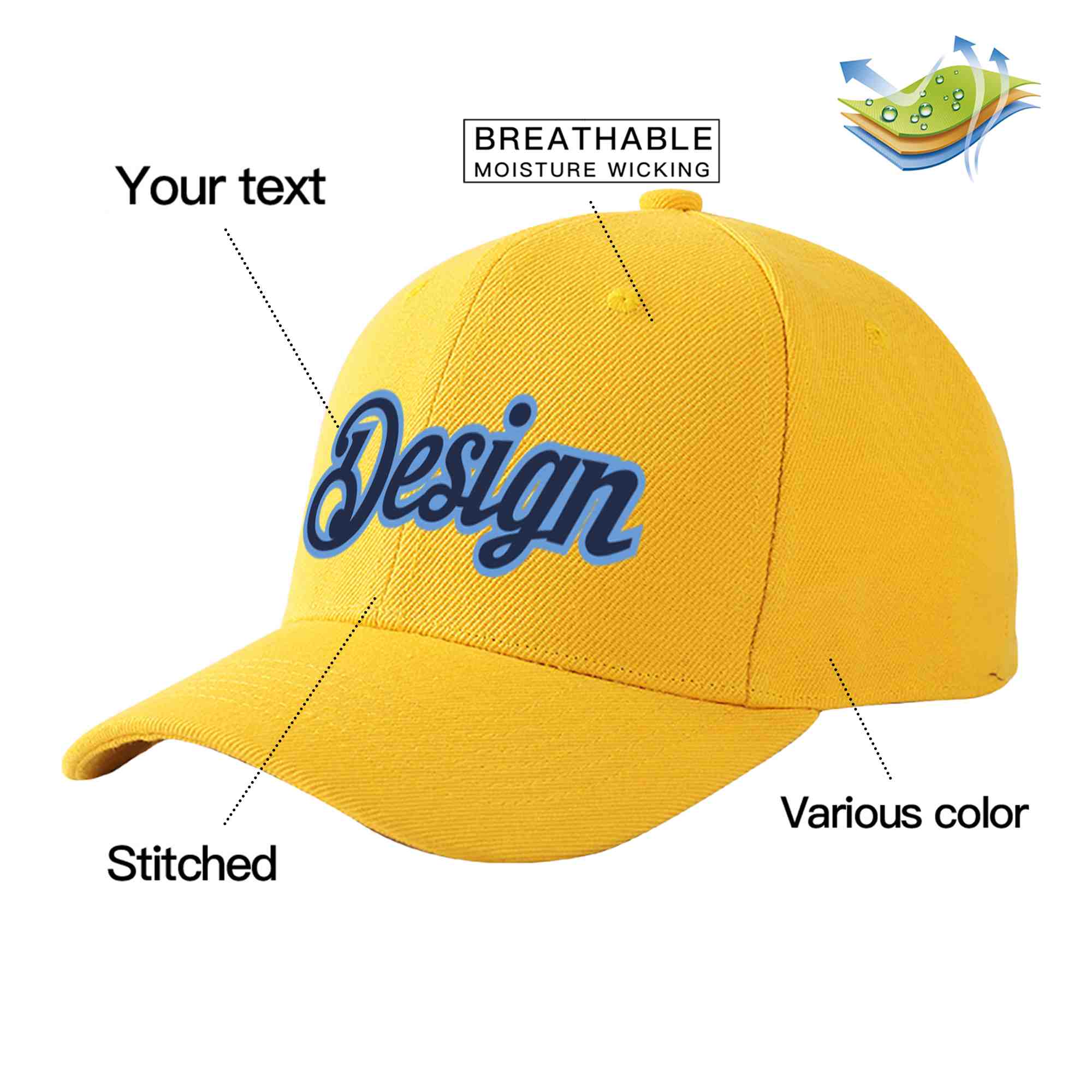 Custom Gold Navy-Light Blue Curved Eaves Sport Design Baseball Cap