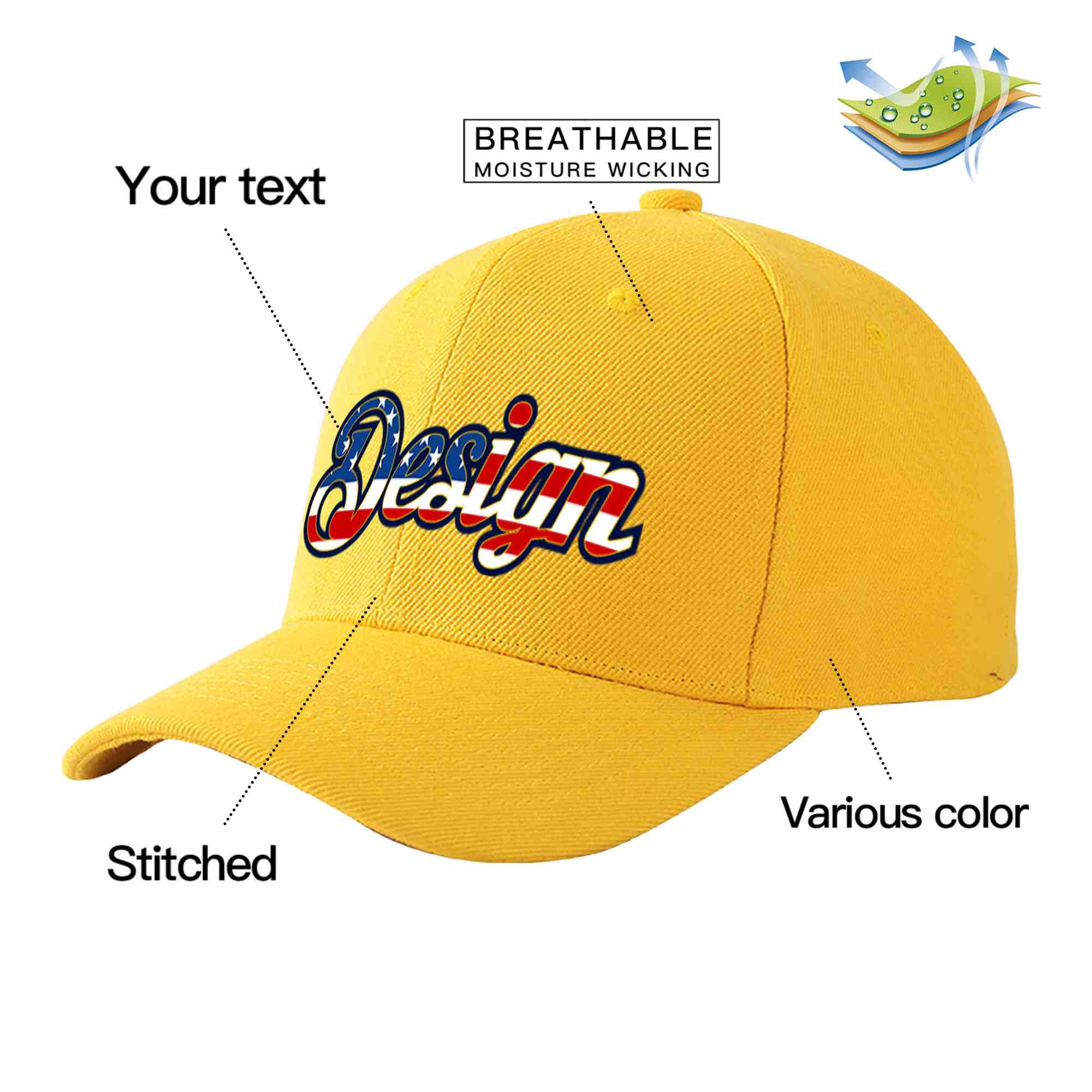 Casquette de baseball personnalisée avec drapeau américain vintage, design sportif, avant-toit incurvé doré