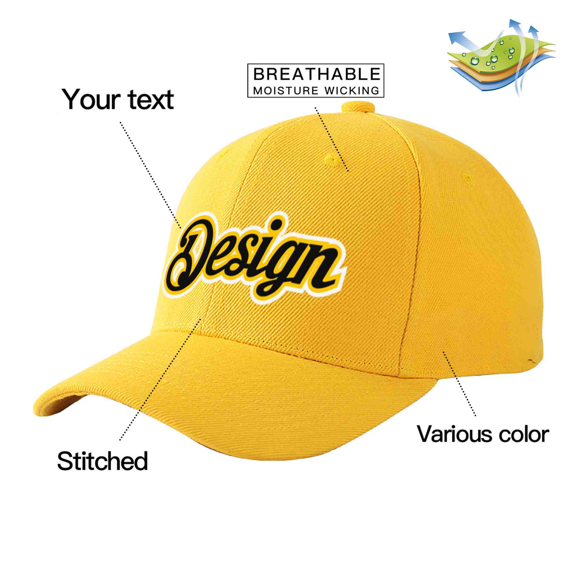 Custom Gold Black-Gold Curved Eaves Sport Design Baseball Cap