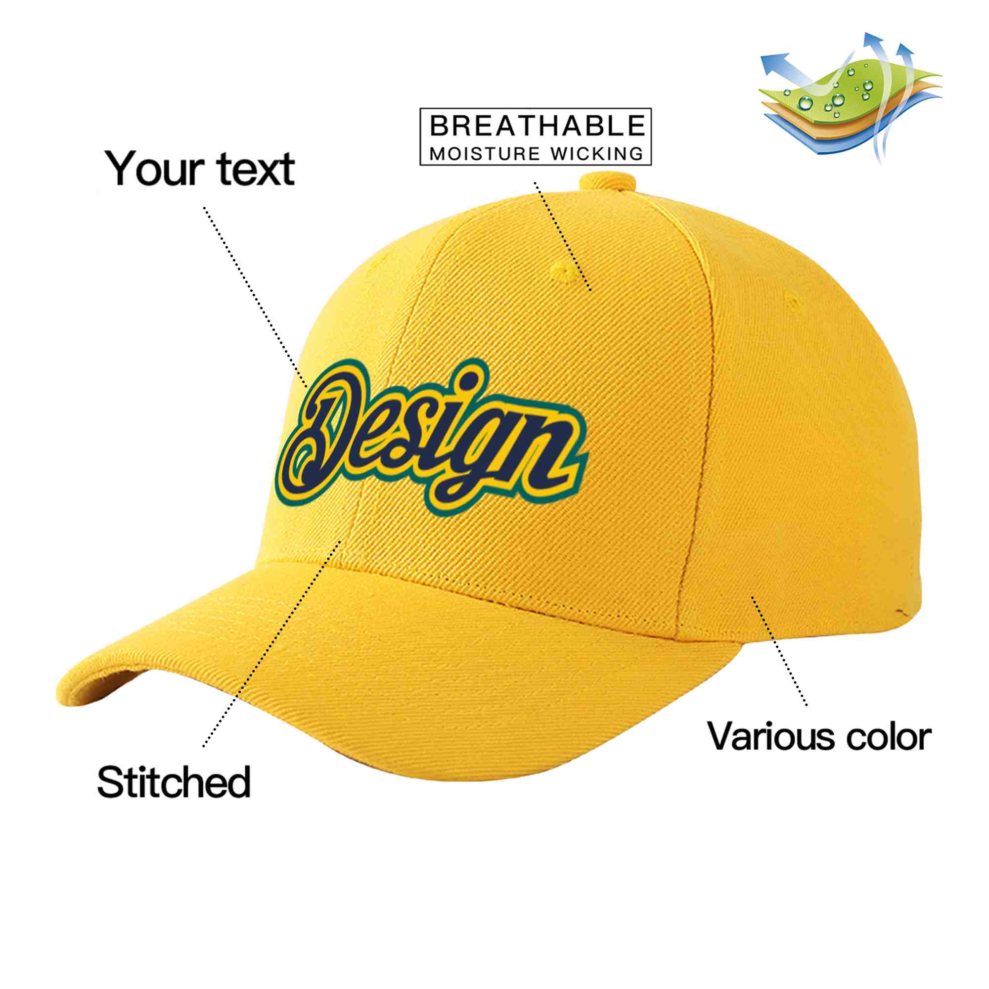 Custom Gold Navy-Gold Curved Eaves Sport Design Baseball Cap