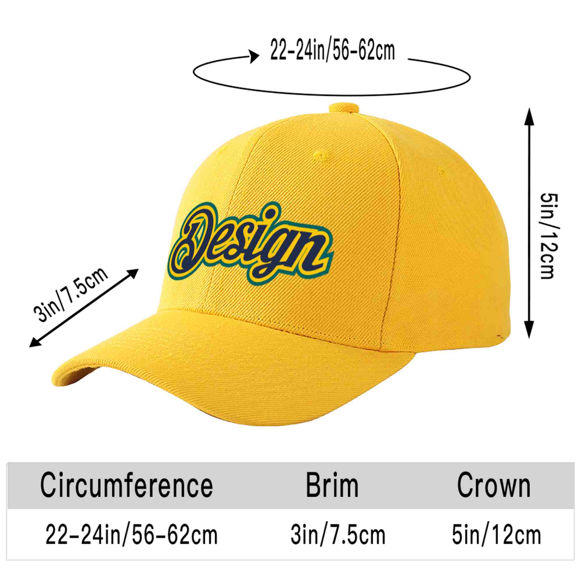 Casquette de baseball courbée personnalisée en or marine-or avec avant-toit et design sportif