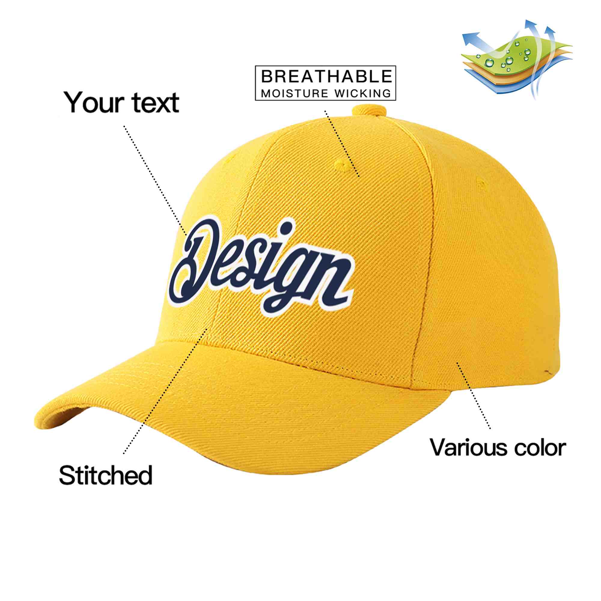 Custom Gold Navy-White Curved Eaves Sport Design Baseball Cap