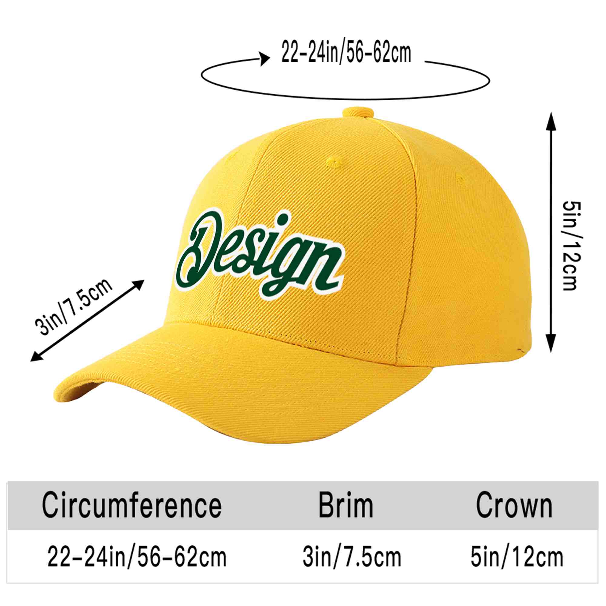 Custom Gold Green-White Curved Eaves Sport Design Baseball Cap