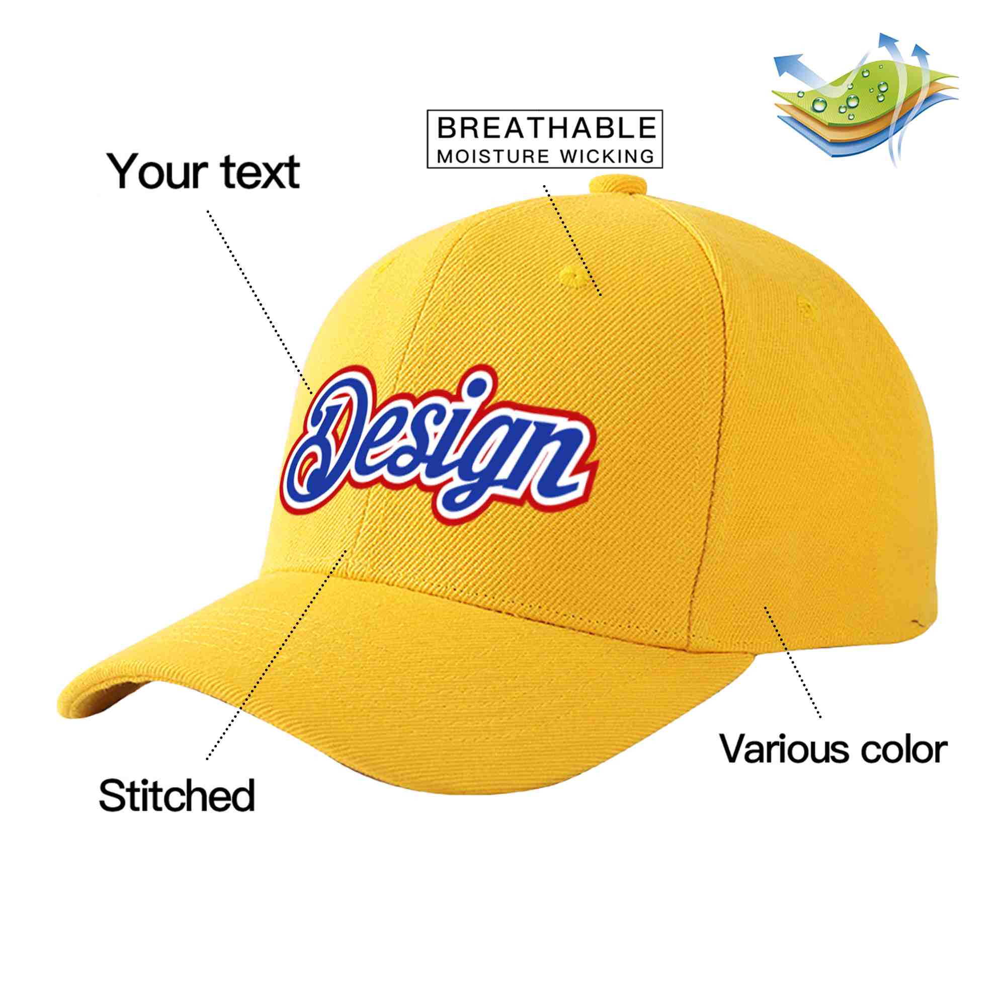 Casquette de baseball personnalisée en or Royal-White Curved Eaves Sport Design