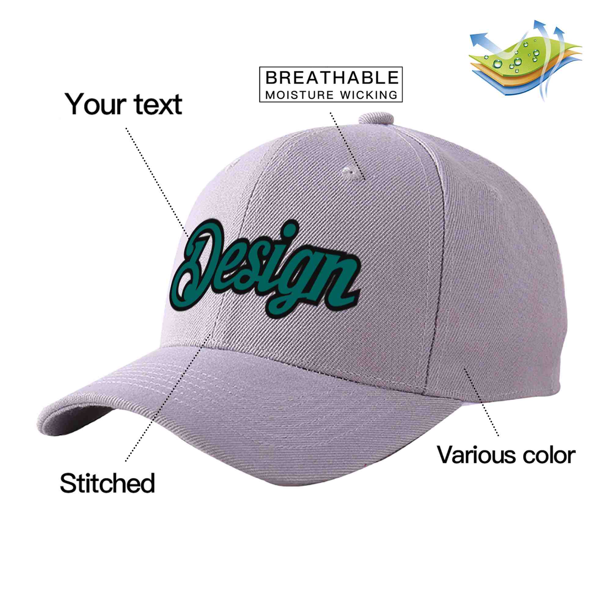 Custom Gray Aqua-Black Curved Eaves Sport Design Baseball Cap