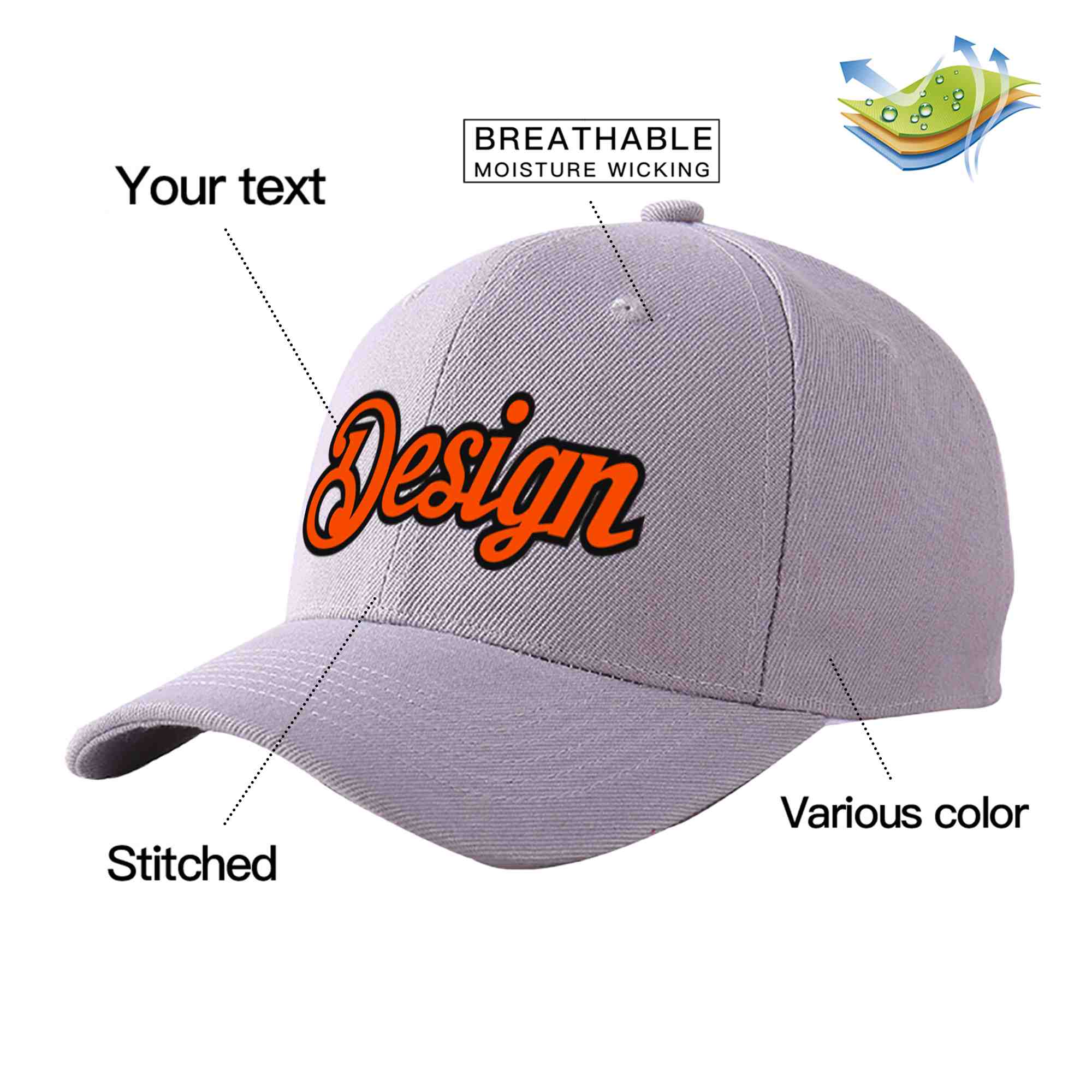 Custom Gray Orange-Black Curved Eaves Sport Design Baseball Cap