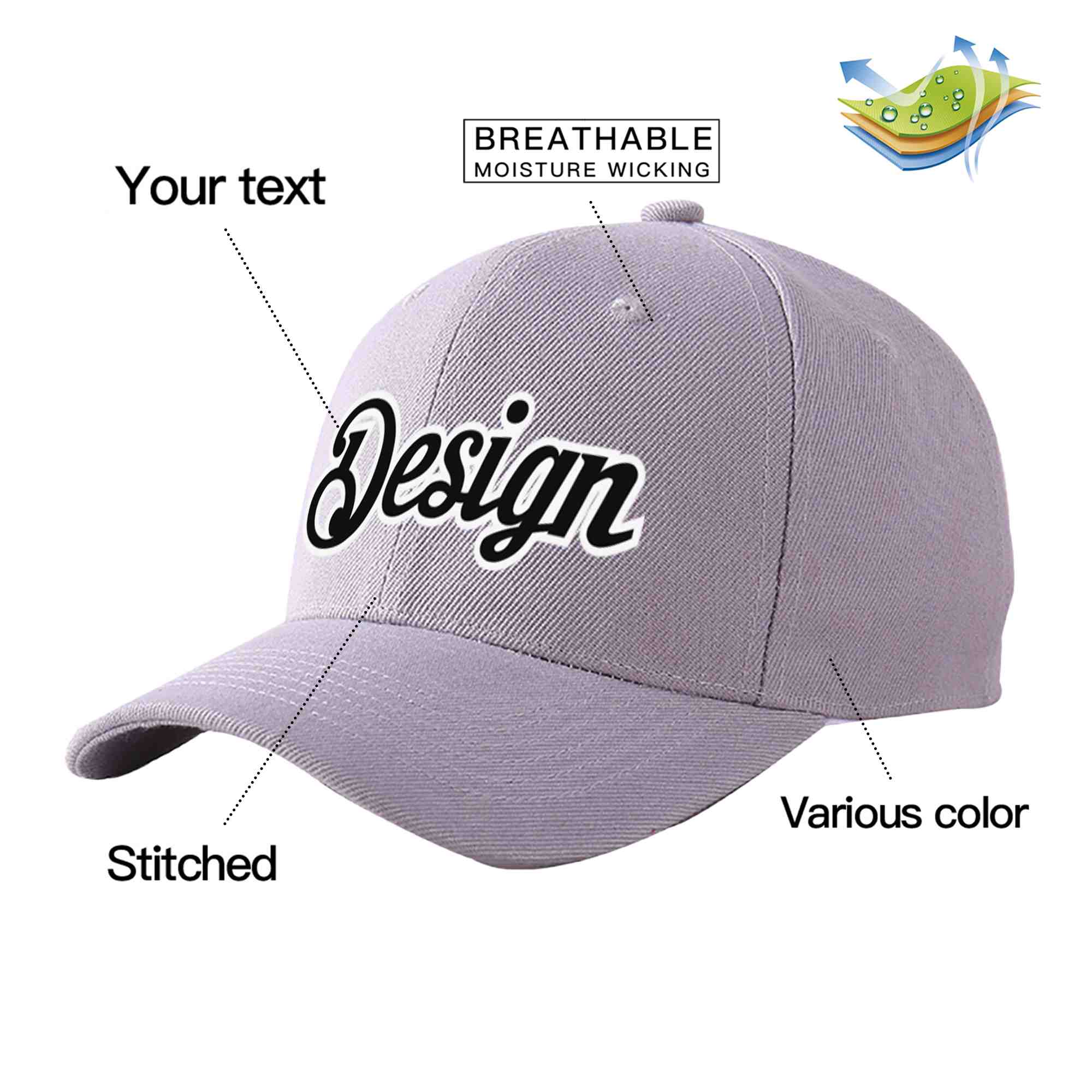 Custom Gray Black-White Curved Eaves Sport Design Baseball Cap