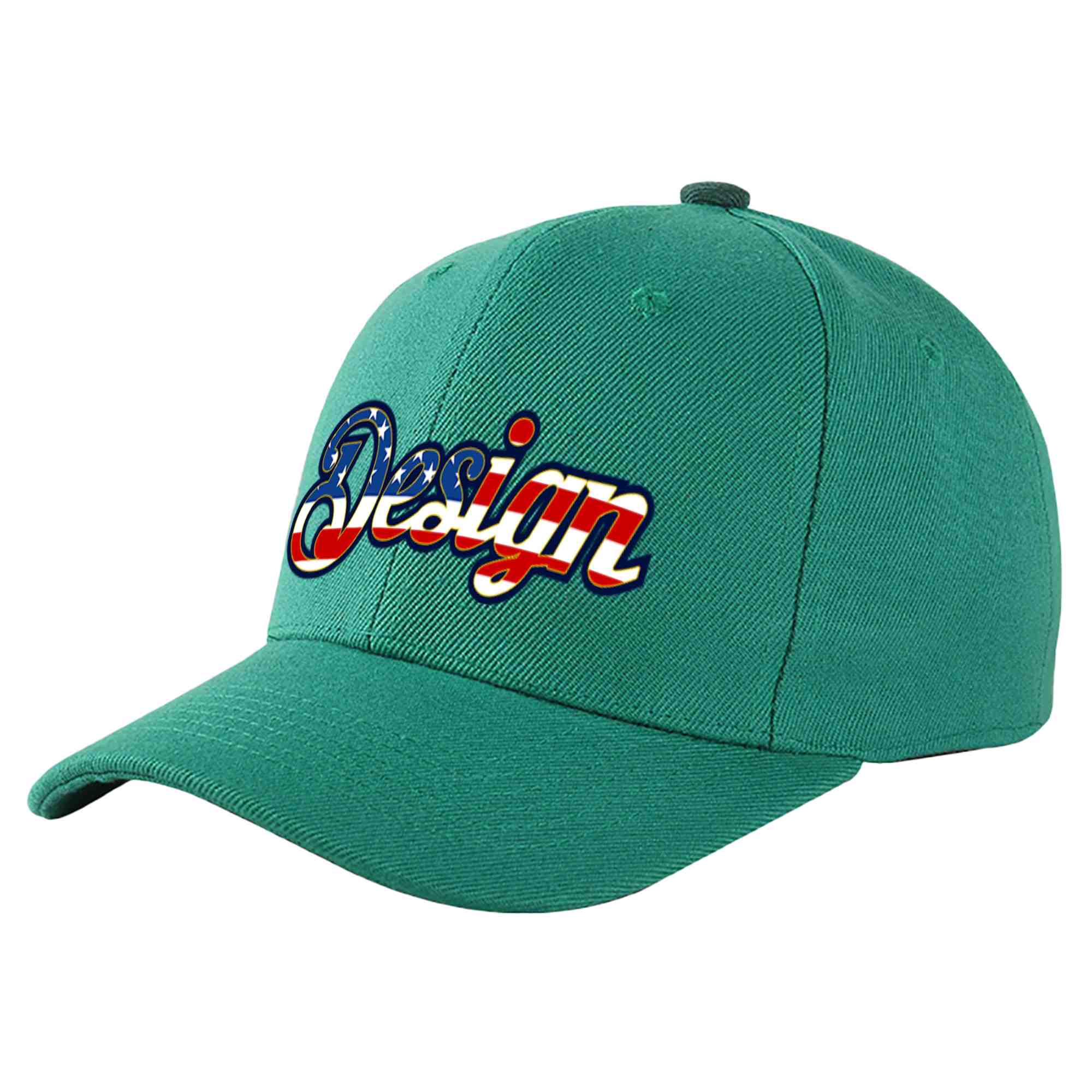 Casquette de baseball personnalisée vert clair, drapeau américain Vintage, avec avant-toit incurvé et or, Design sportif