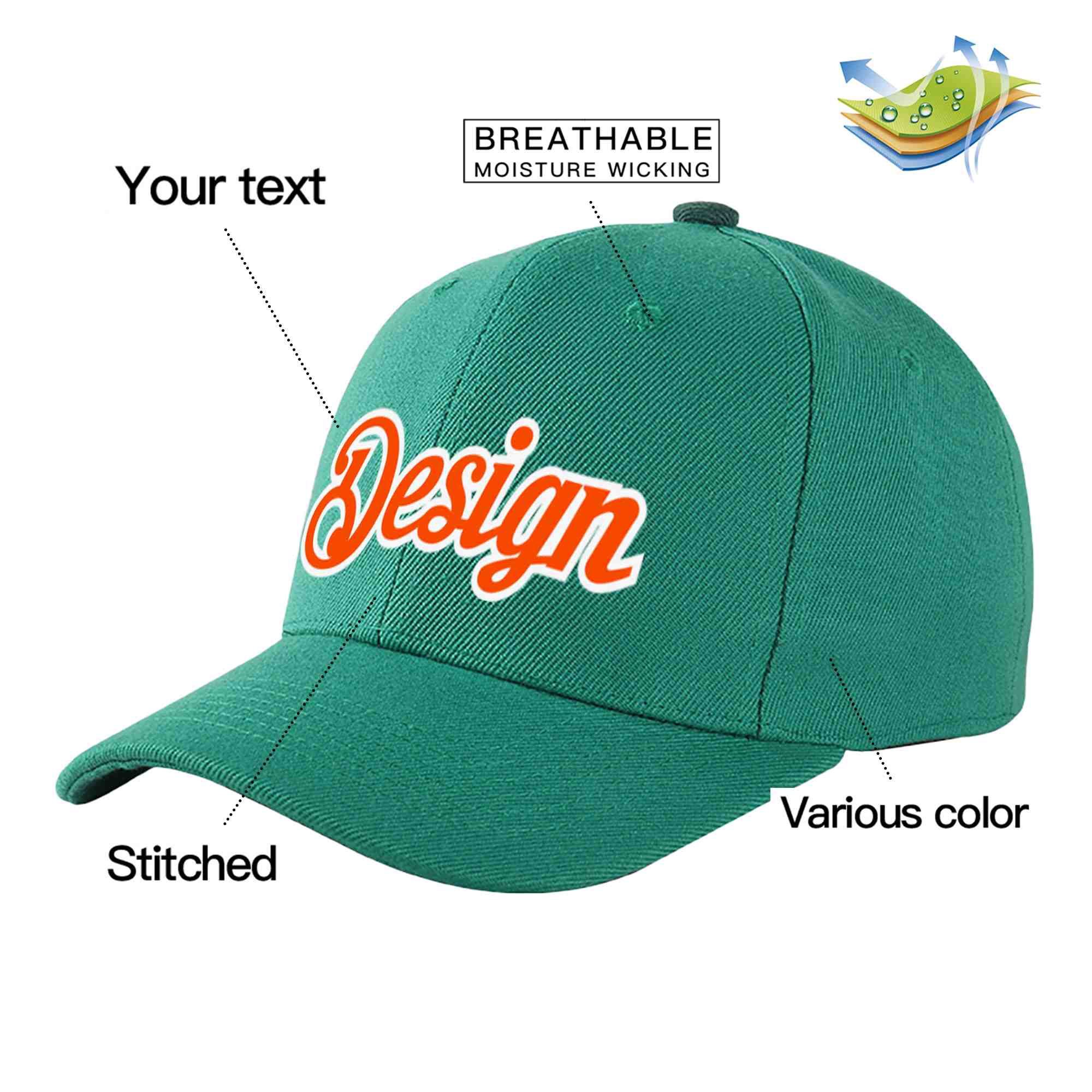 Casquette de baseball incurvée personnalisée vert clair orange-blanc avec avant-toit