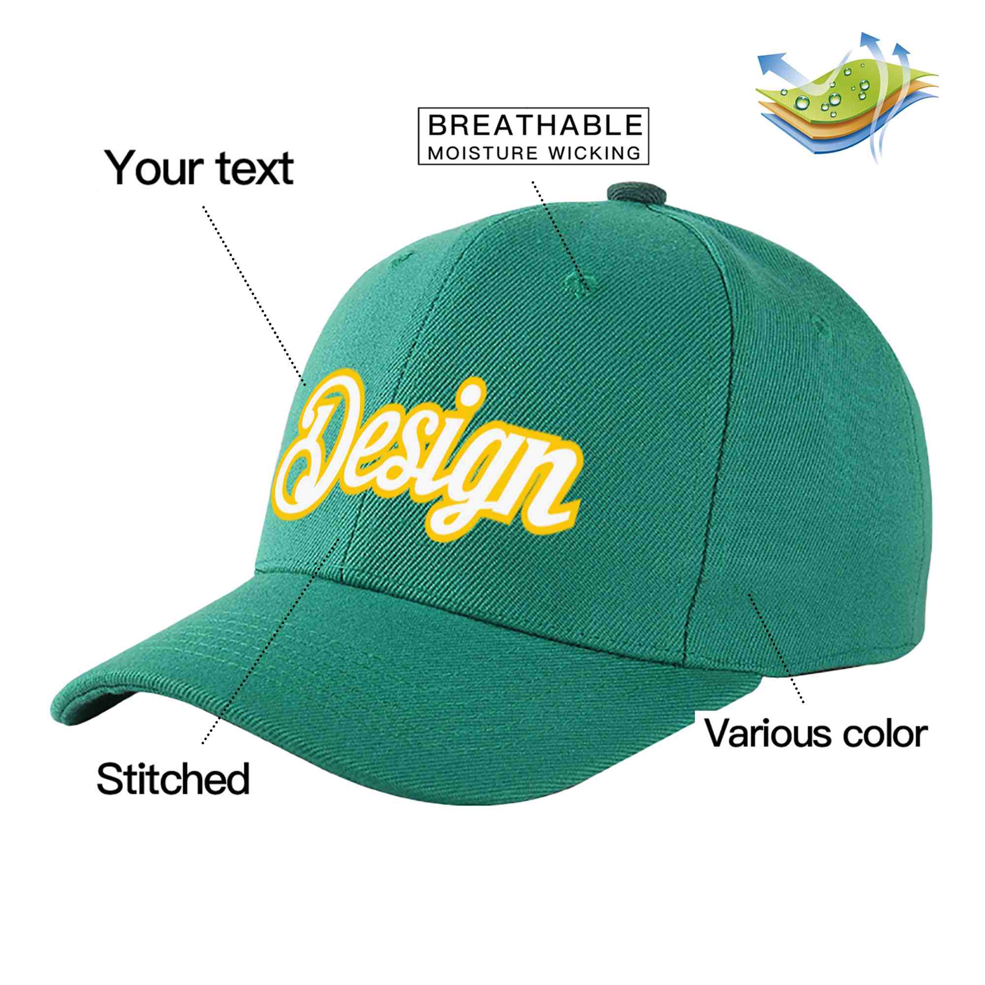 Custom Light Green White-Gold Curved Eaves Sport Design Baseball Cap