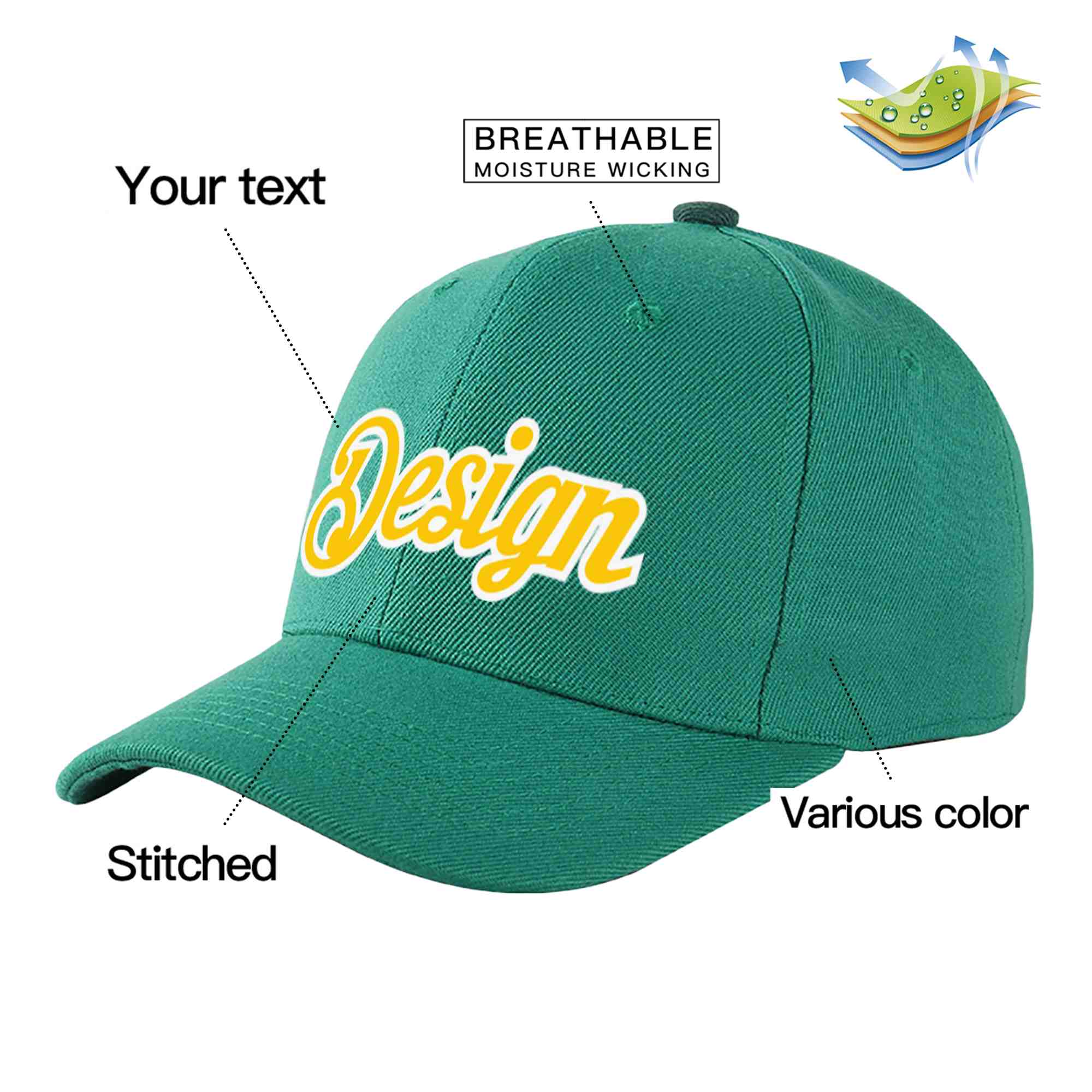 Casquette de baseball personnalisée vert clair or-blanc incurvée Eaves Sport Design