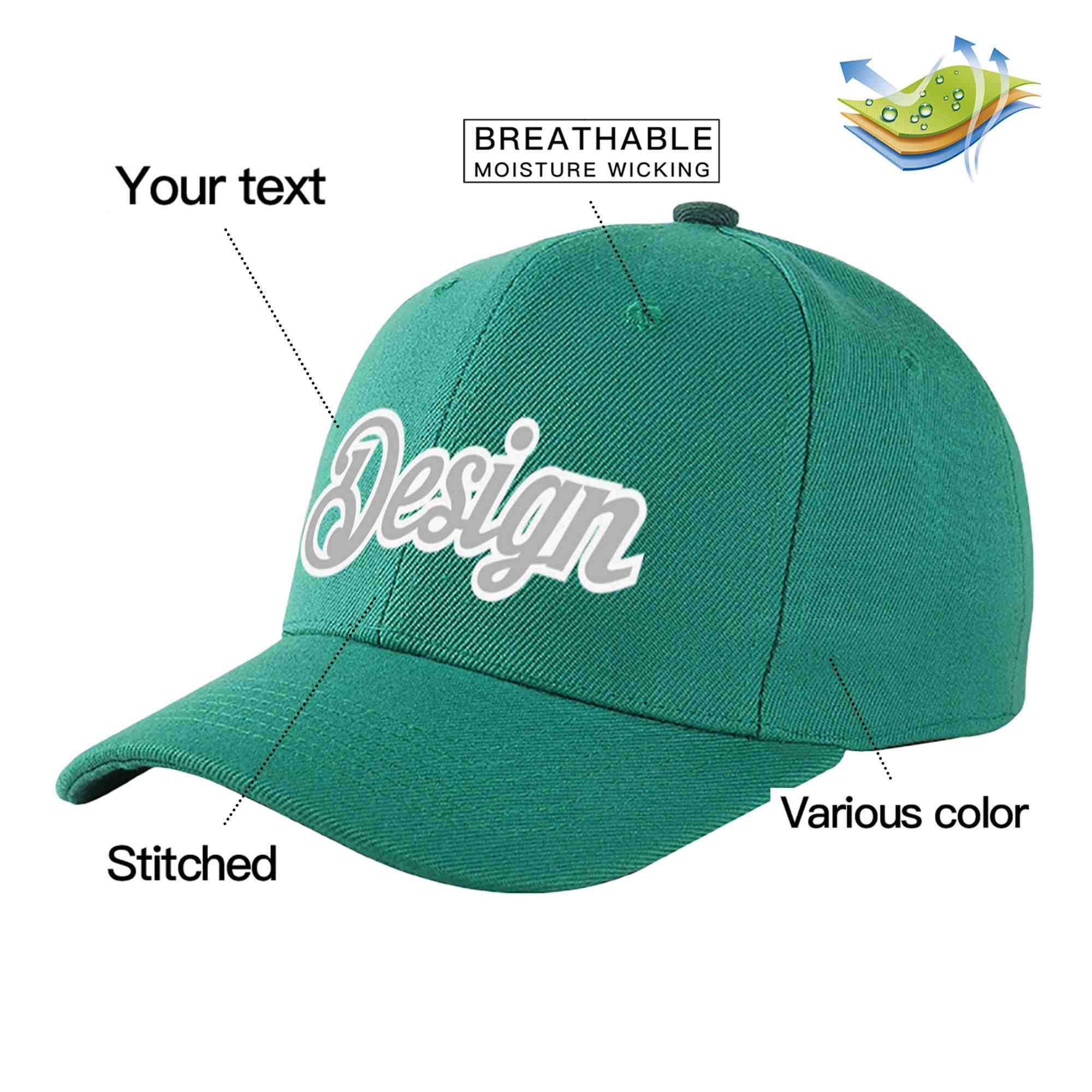 Casquette de baseball personnalisée vert clair blanc-gris avec avant-toit incurvé