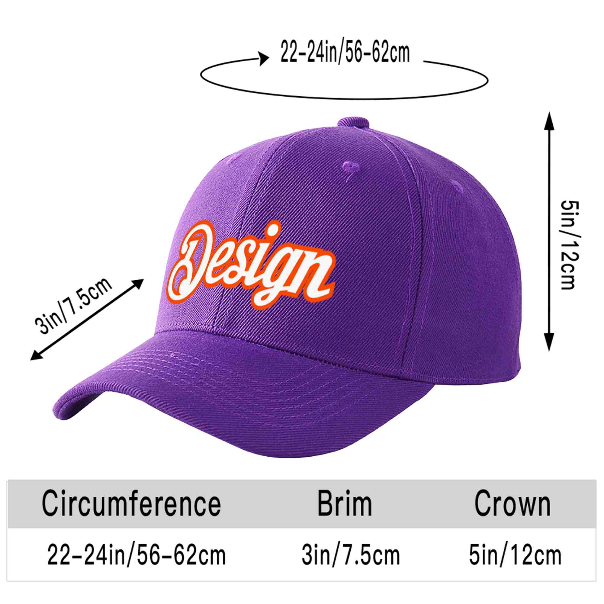 Casquette de baseball personnalisée, violet, blanc et orange, design sportif, avec avant-toit incurvé