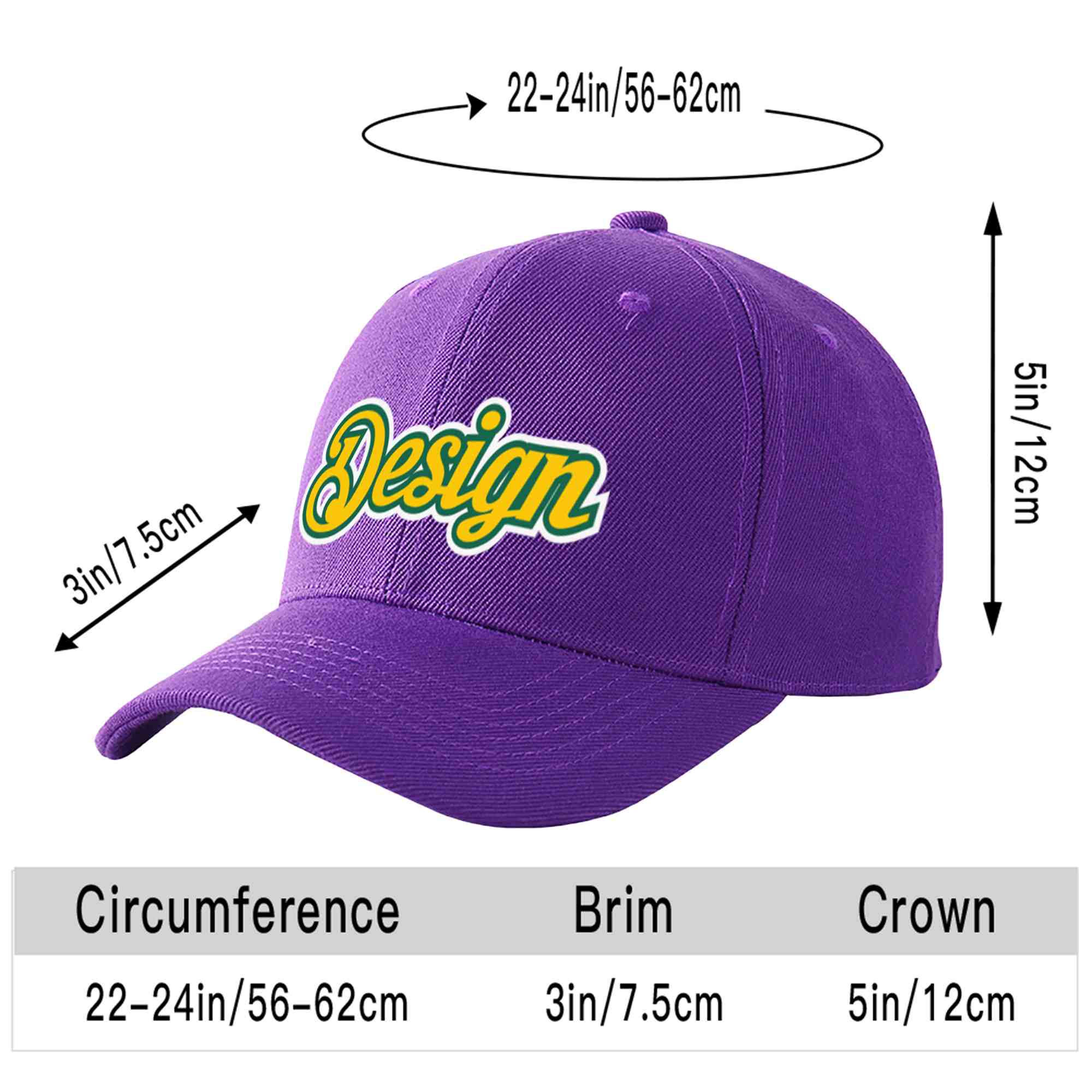 Custom Purple Gold-Kelly Green Curved Eaves Sport Design Baseball Cap