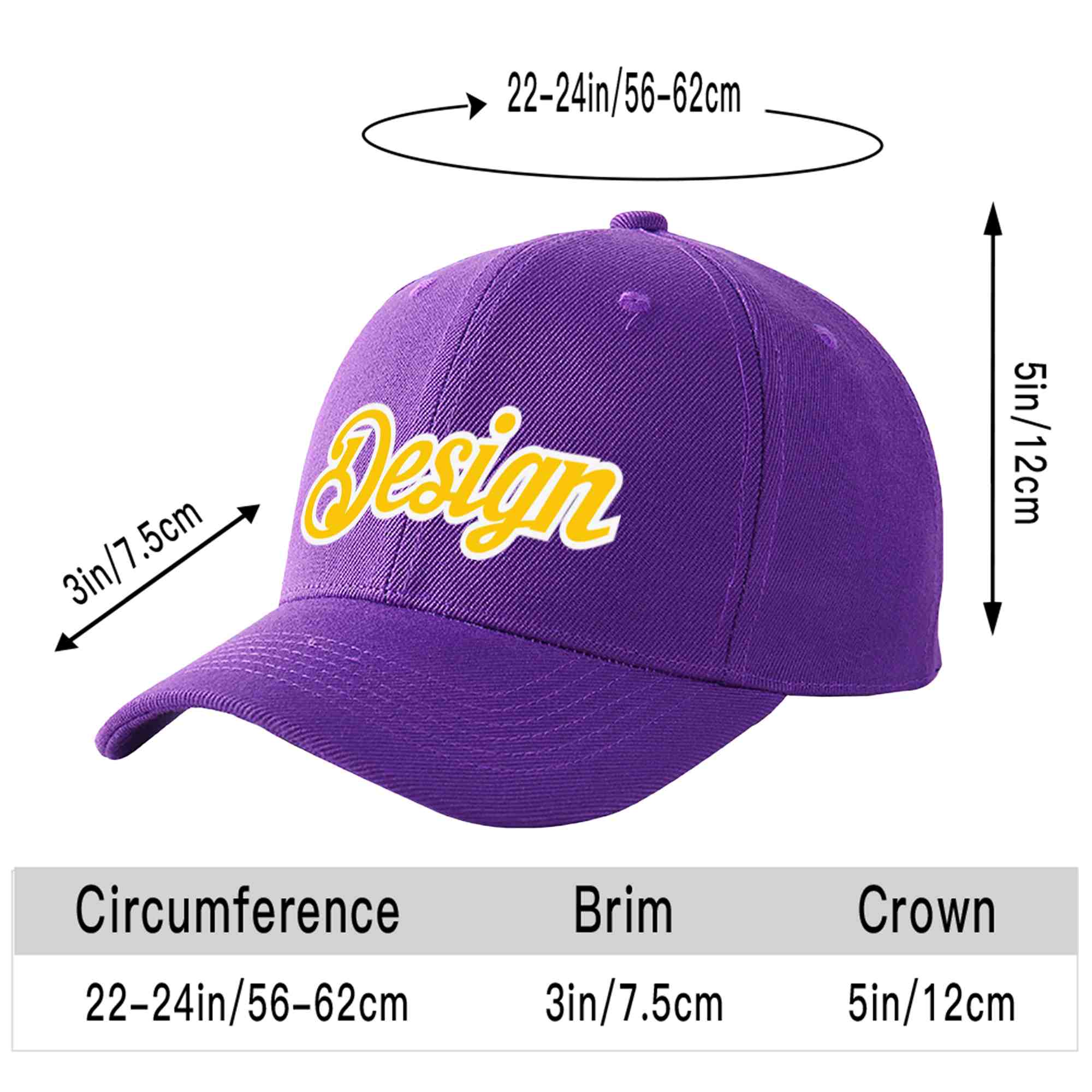 Casquette de baseball personnalisée, violet, or-blanc, courbée, design sportif