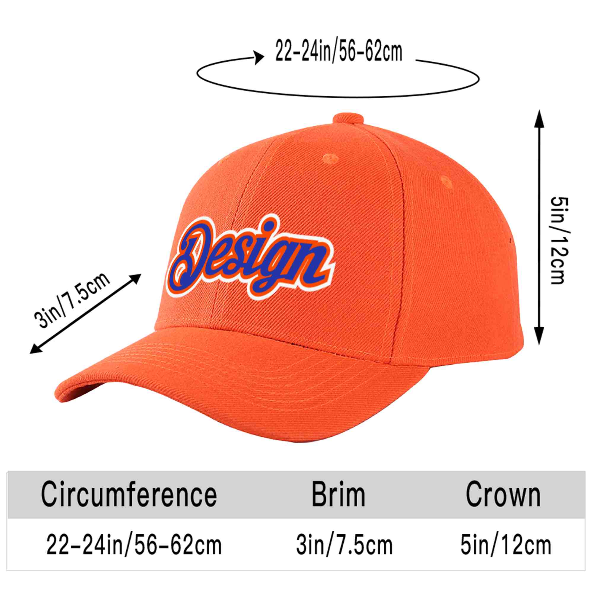 Casquette de baseball personnalisée Tangerine Royal-Orange Curved Eaves Sport Design