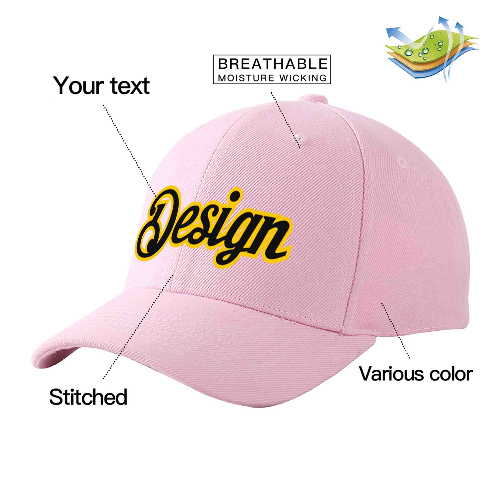 Custom Pink Black-Gold Curved Eaves Sport Design Baseball Cap